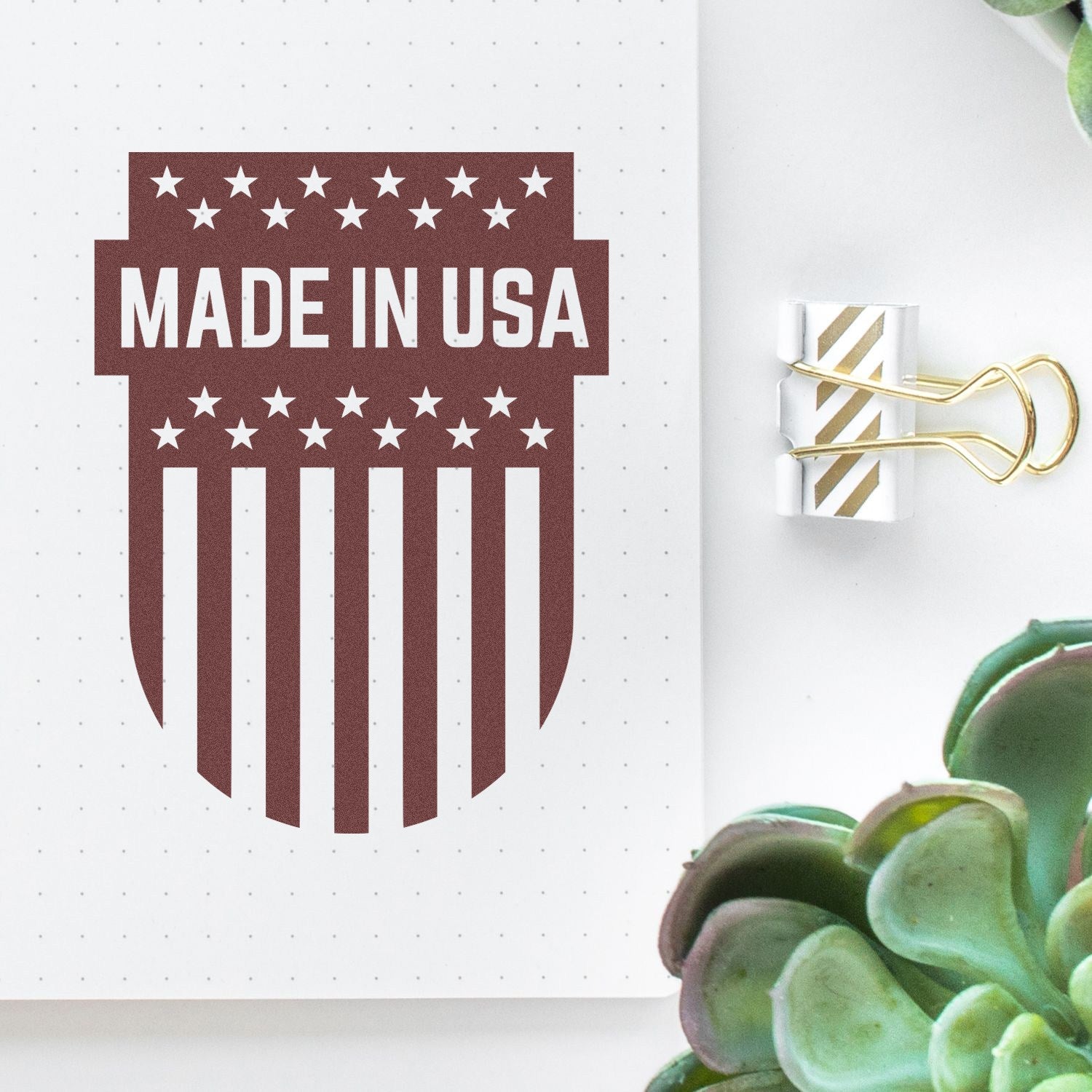 Wood Handle Patriotic Emblem Rubber Stamp featuring a Made in USA design with stars and stripes, perfect for adding a patriotic touch to crafts and stationery.