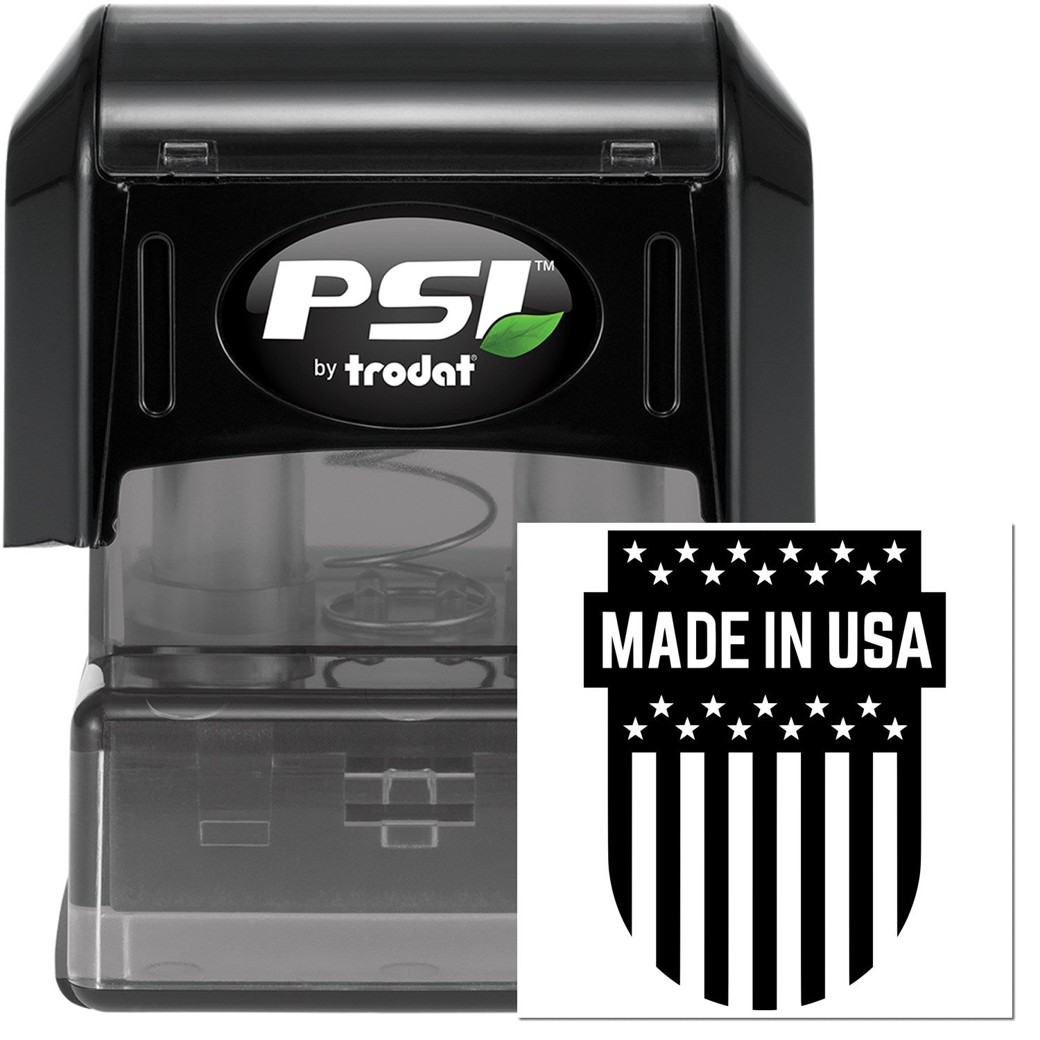 PSI Pre-Inked Patriotic Emblem Stamp featuring a 'Made in USA' design with stars and stripes. Compact black casing with clear base for precise stamping.