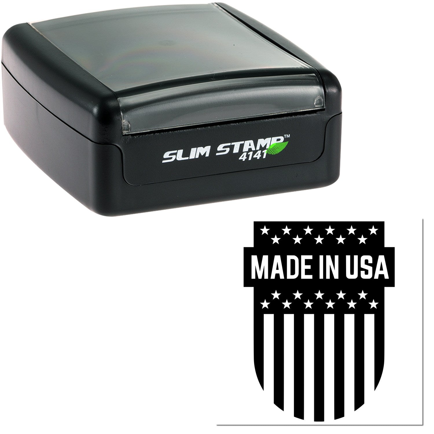 Slim Pre-Inked Patriotic Emblem Stamp with 'Made in USA' design, featuring a compact black casing and clear imprint of stars and stripes. Ideal for patriotic branding and office use.