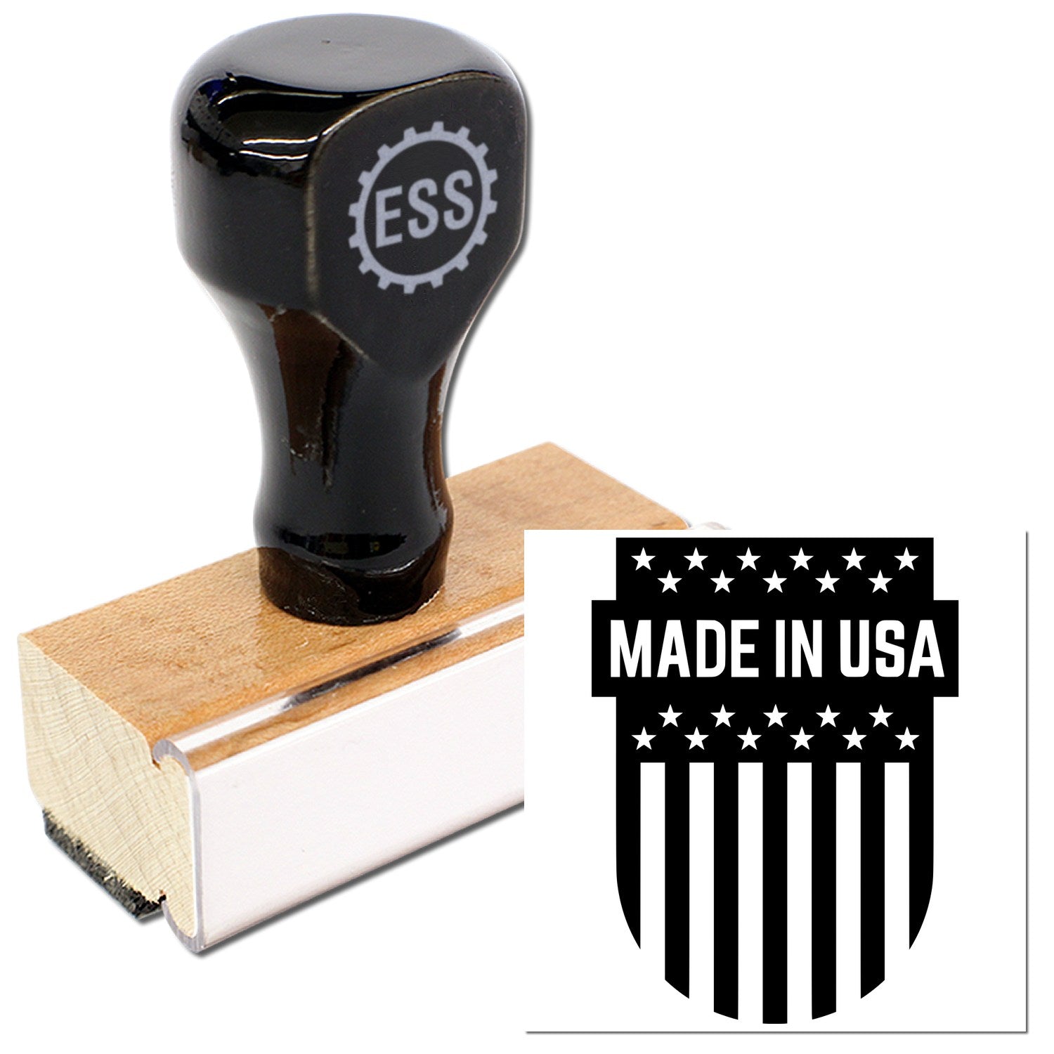 Wood Handle Patriotic Emblem Rubber Stamp with ESS logo on black top, featuring a wooden base and Made in USA design. Ideal for crafting and branding.