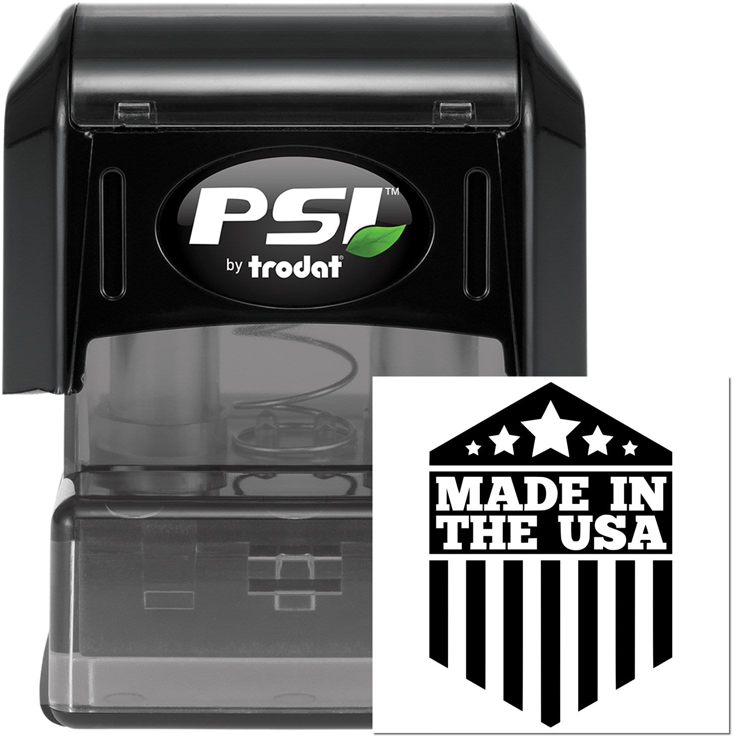 PSI Pre-Inked Patriotic Pride Seal Stamp featuring a 'Made in the USA' design with stars and stripes. Compact black casing with clear base for precise stamping.