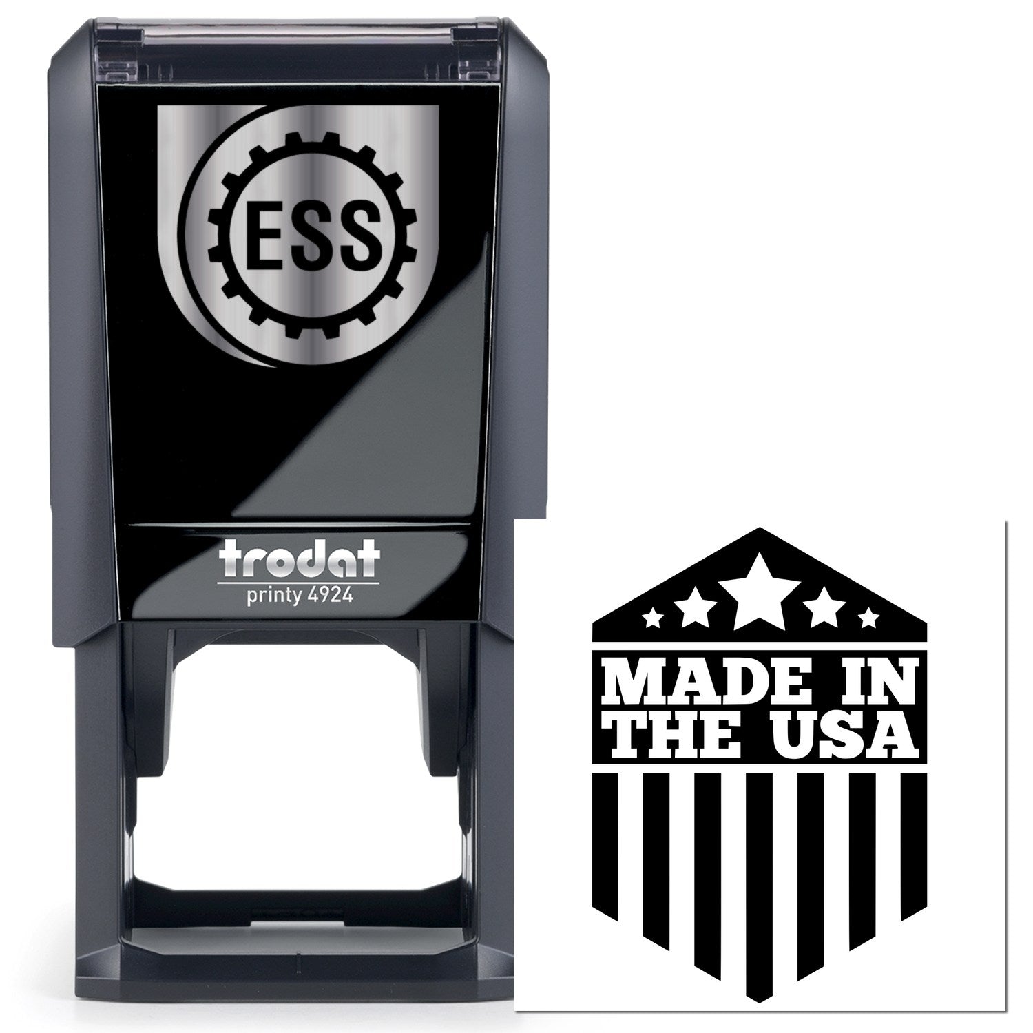 Self-Inking Patriotic Pride Seal Stamp with Made in the USA design, featuring a black casing and clear imprint area. Perfect for adding a patriotic touch to documents.