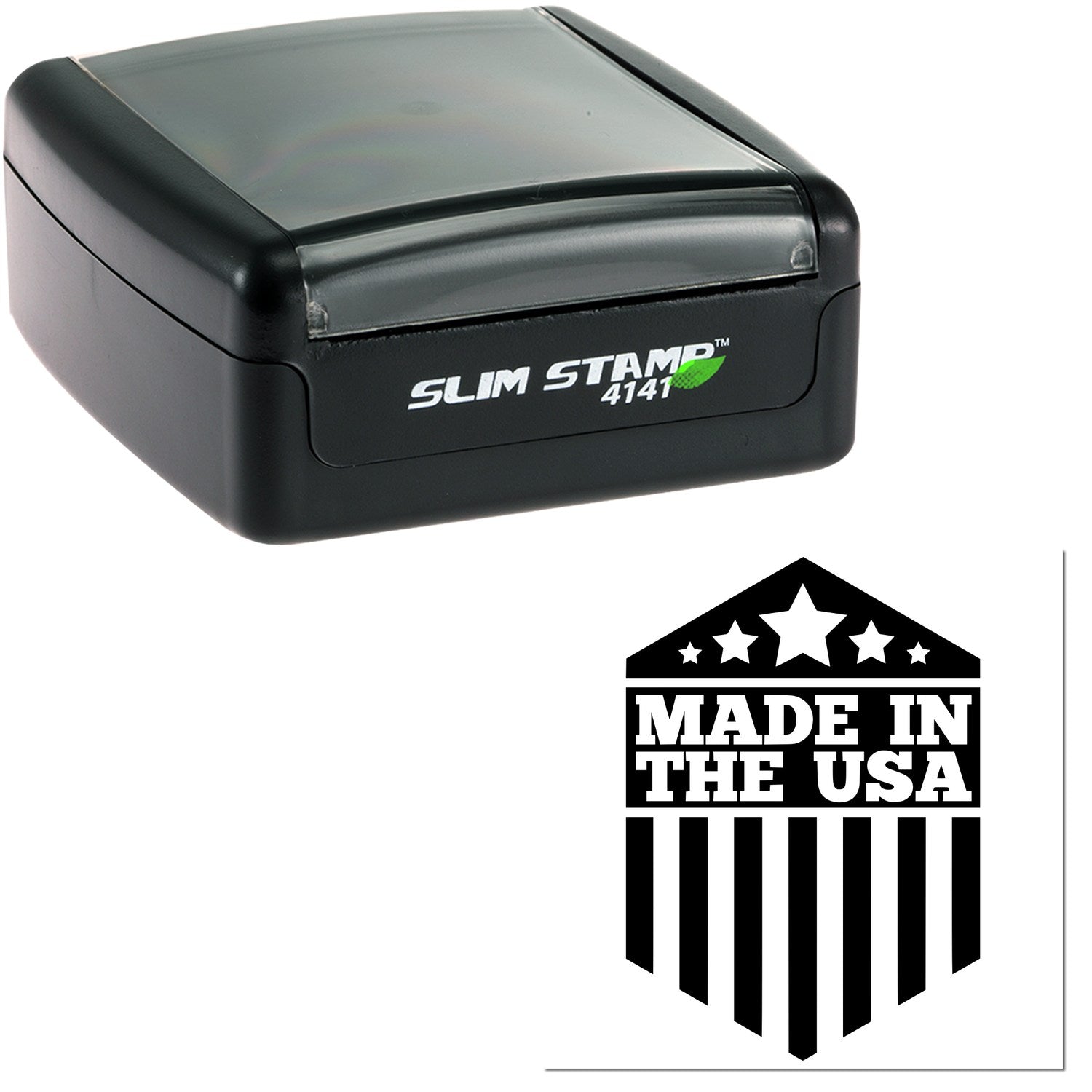 Slim Pre-Inked Patriotic Pride Seal Stamp with a sleek black design, featuring 'Made in the USA' emblem. Compact and efficient for stamping needs.