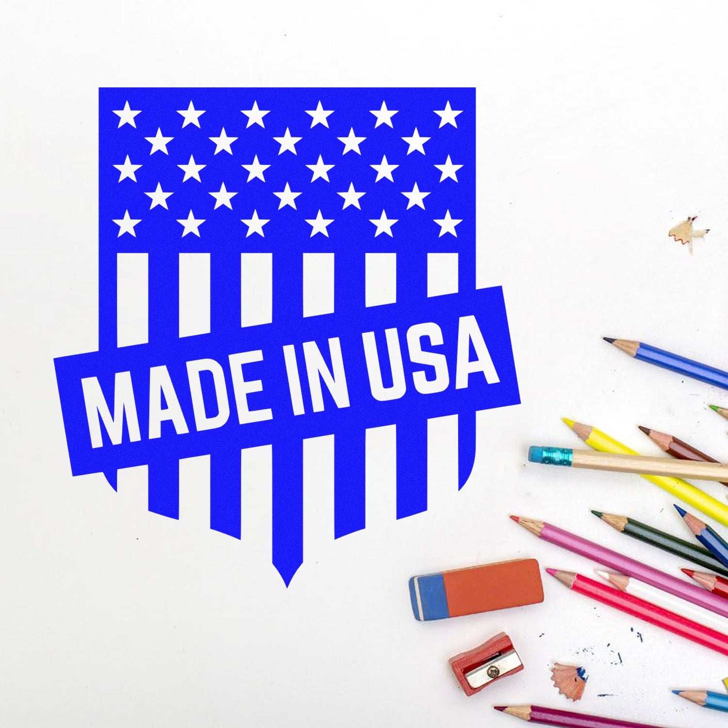 Self-Inking Patriotic Seal Of Quality Stamp with 'Made in USA' design, featuring stars and stripes, surrounded by colorful pencils on a white background.