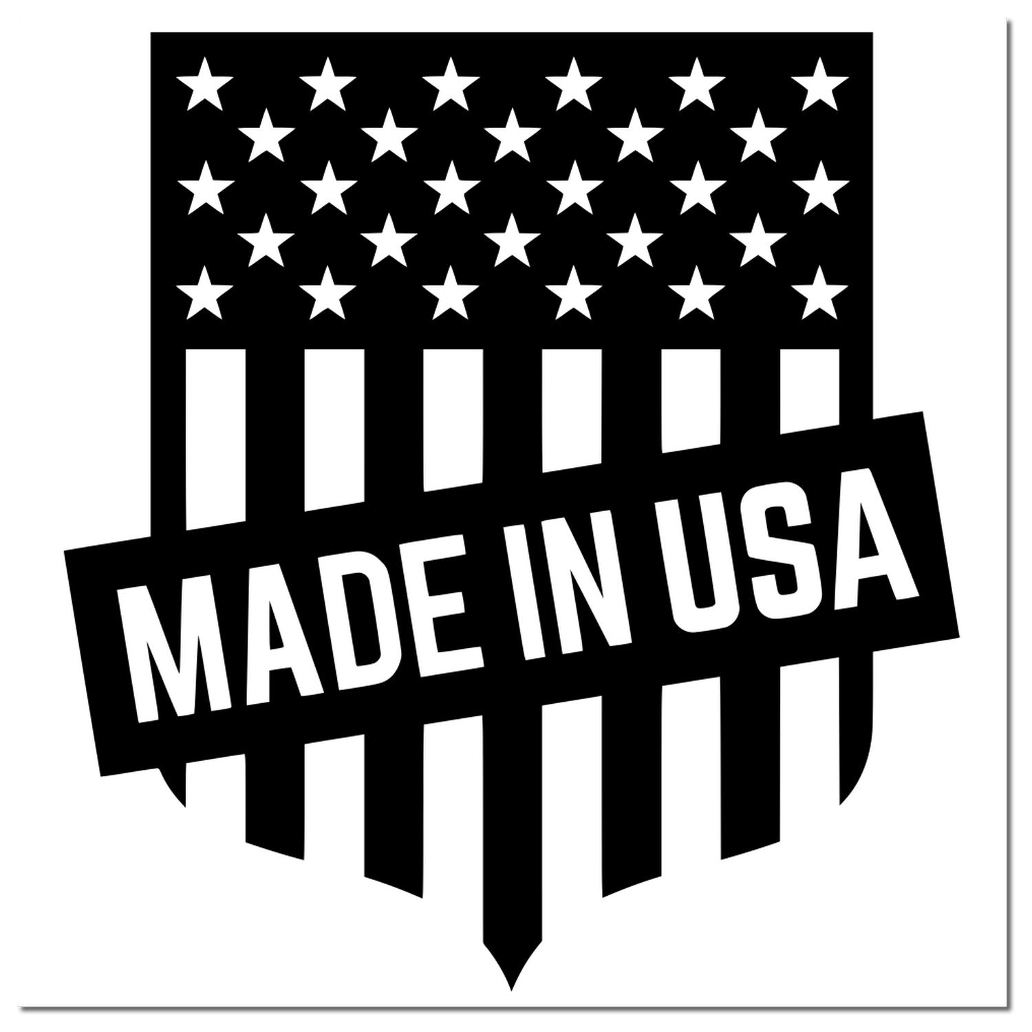 Self-Inking Patriotic Seal Of Quality Stamp featuring a black and white design with stars and stripes, and 'Made in USA' text. Ideal for marking products with American pride.