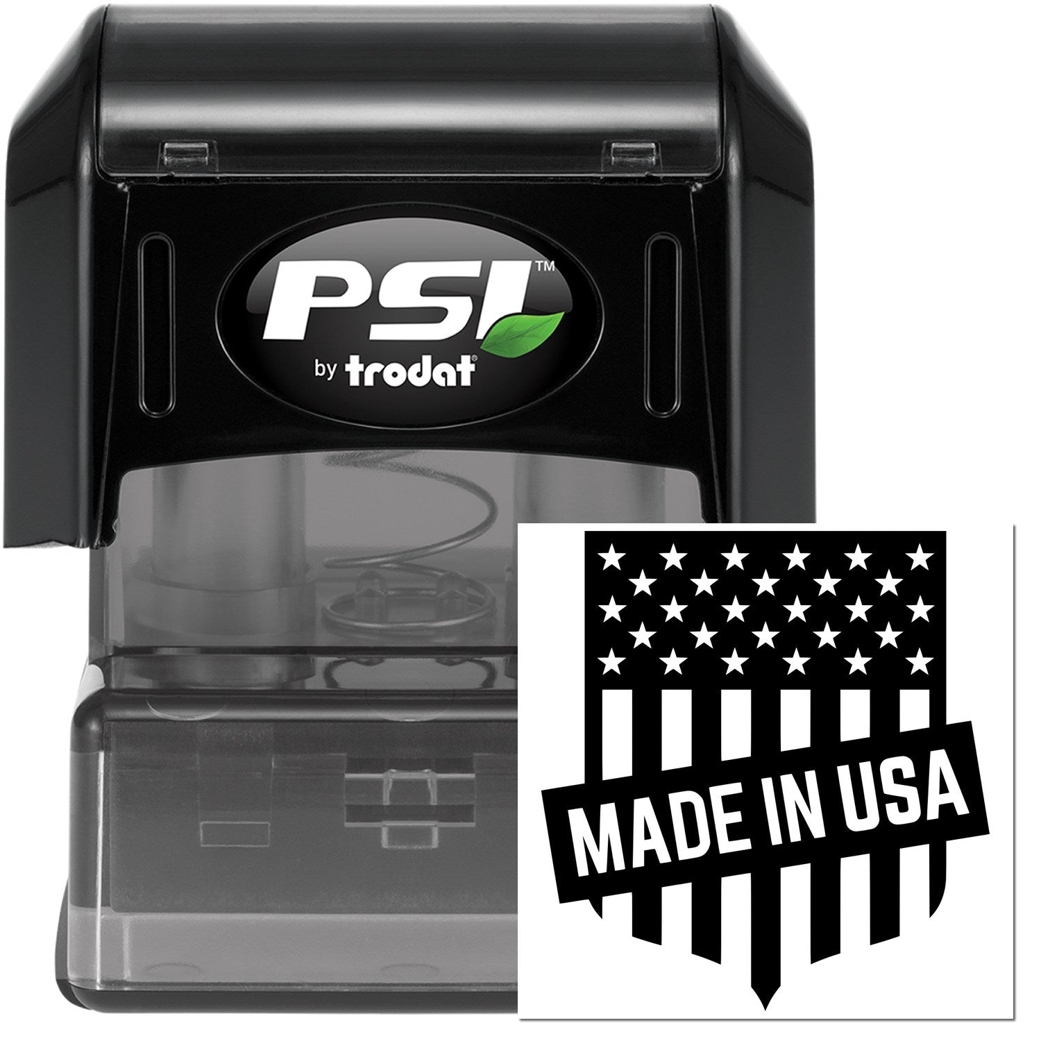 PSI Pre-Inked Patriotic Seal Of Quality Stamp featuring a Made in USA design with stars and stripes. Compact, black casing with clear base for precise stamping. Ideal for quality assurance.