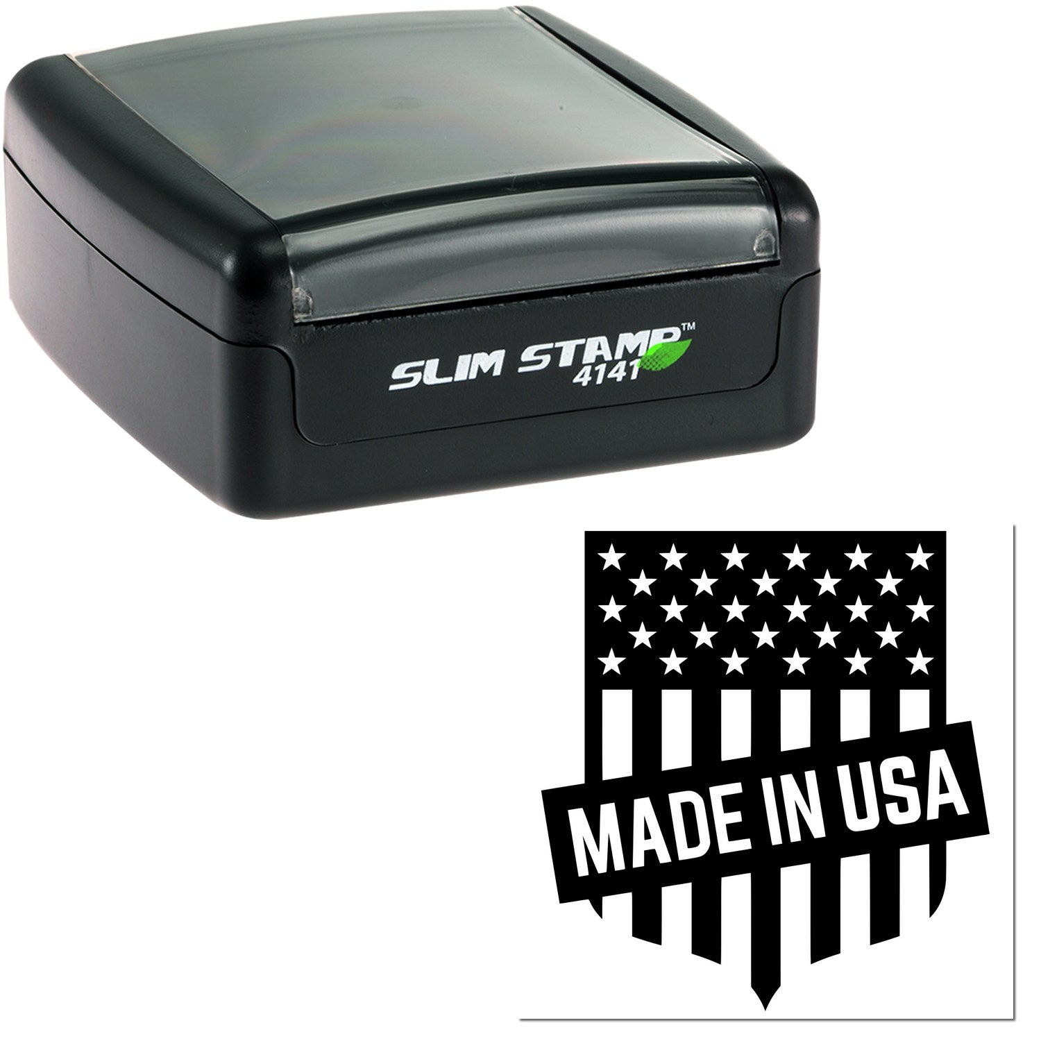 Slim Pre-Inked Patriotic Seal Of Quality Stamp, black compact design, features 'Made in USA' emblem with stars and stripes. Ideal for professional use.