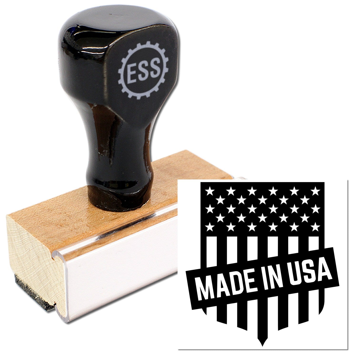 Wood Handle Patriotic Seal Of Quality Rubber Stamp with black top and ESS logo, featuring a Made in USA design. Perfect for adding a professional touch to documents and crafts.