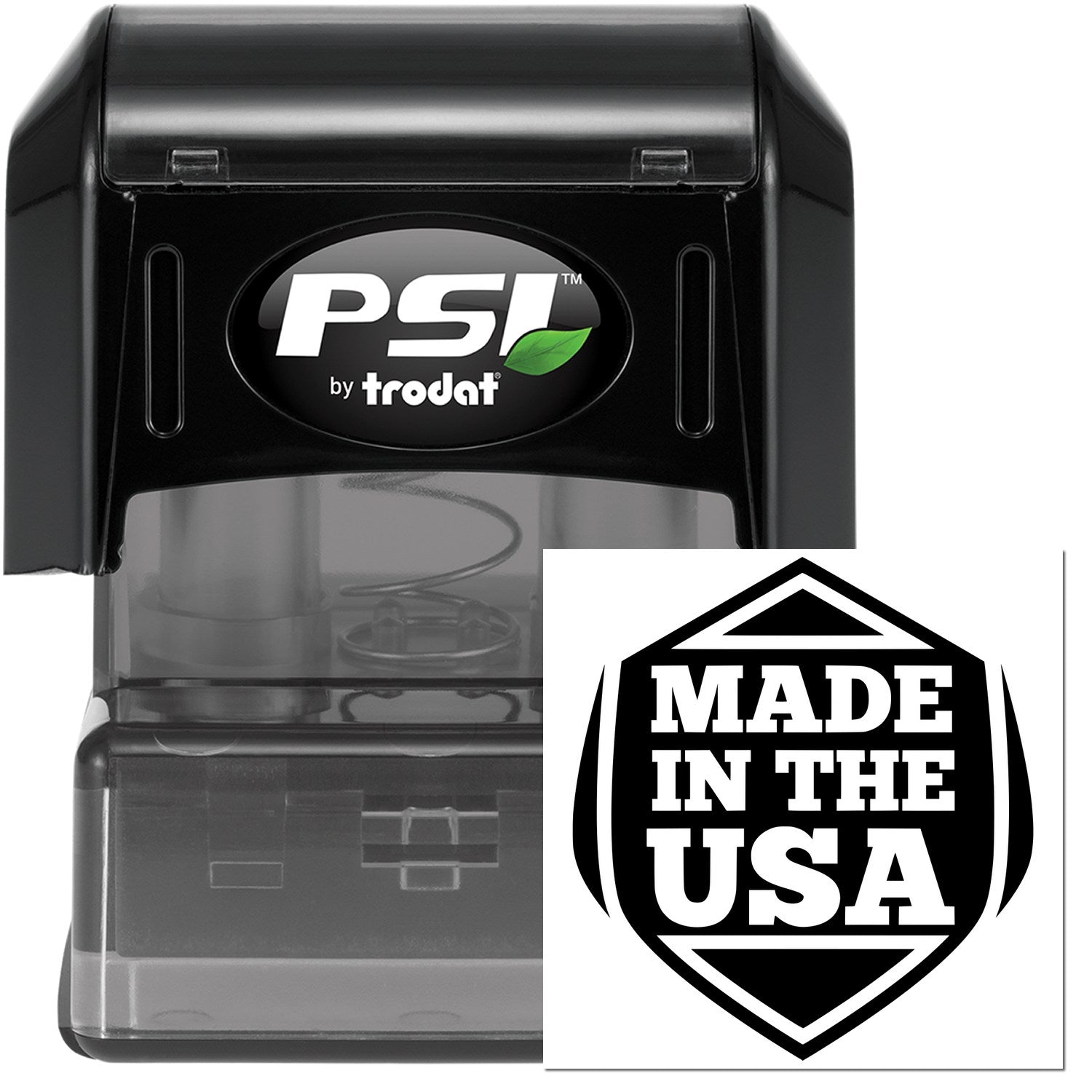 PSI Pre-Inked American Pride Seal Stamp, black casing with 'Made in the USA' design, by Trodat. Ideal for professional use, offering clear, crisp impressions.