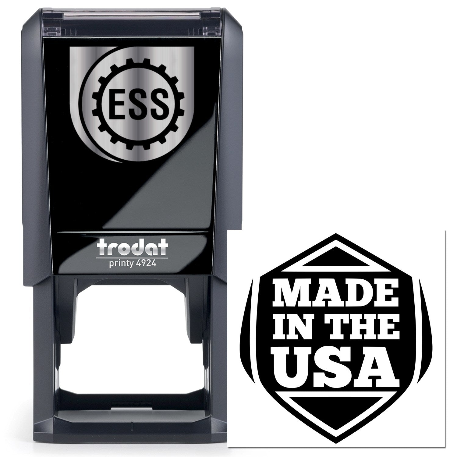 Self-Inking American Pride Seal Stamp with Made in the USA design, featuring a sleek black body and clear imprint area. Perfect for adding a patriotic touch to documents.