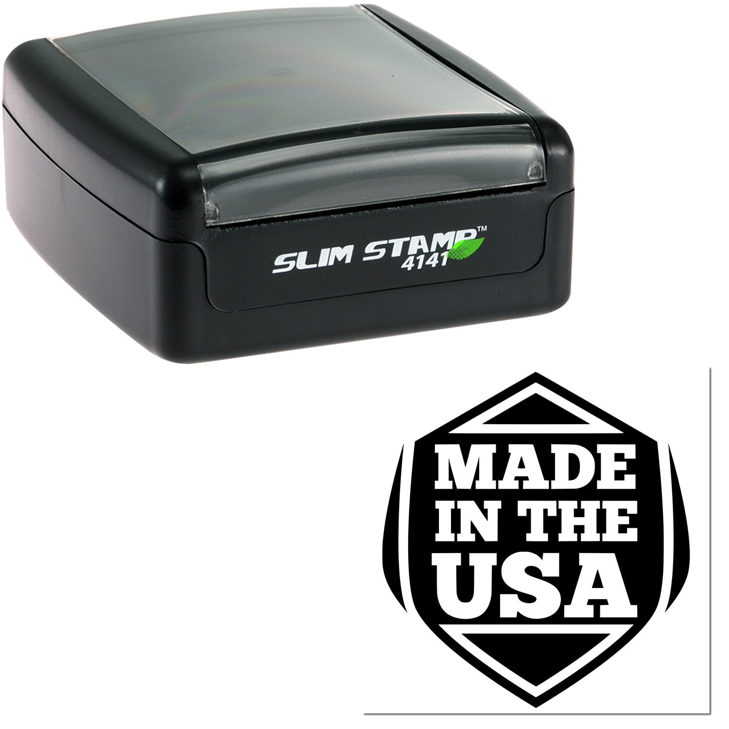 Slim Pre-Inked American Pride Seal Stamp, black casing, compact design, features Made in the USA imprint. Ideal for professional use, ensuring clear, crisp impressions.