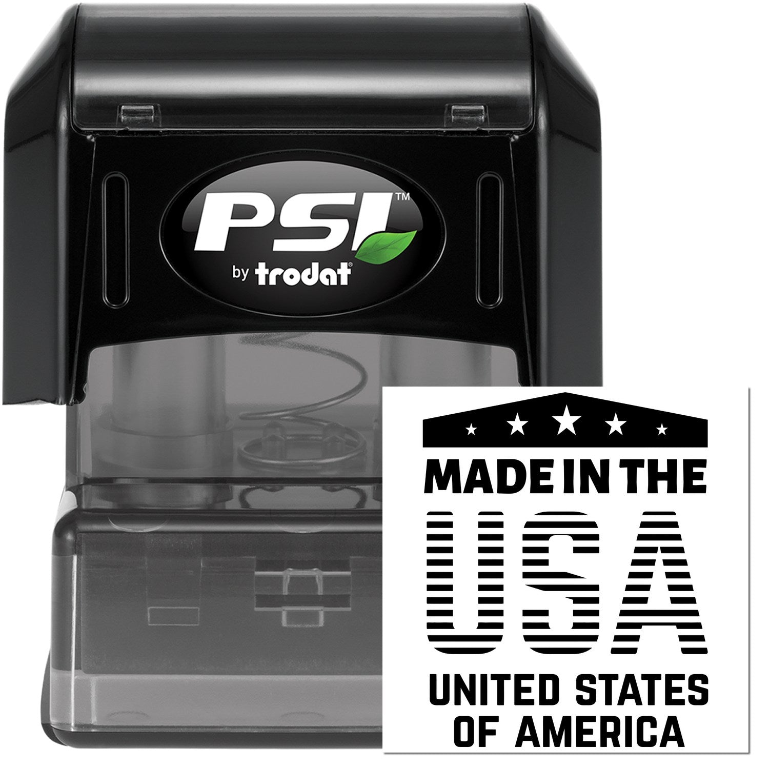 PSI Pre-Inked Patriotic Pride Stamp with 'Made in the USA' design, featuring a black casing and clear imprint area. Ideal for showcasing American pride in documents and crafts.