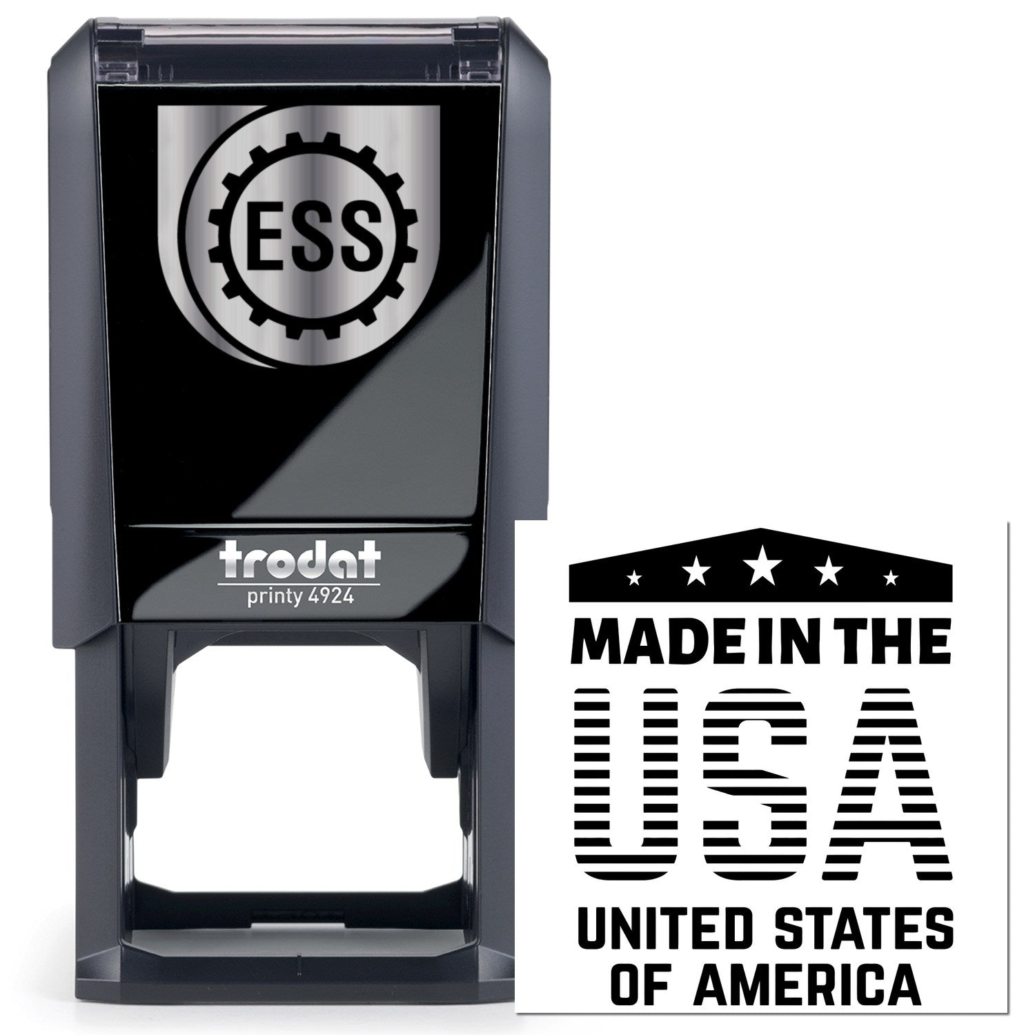 Self-Inking Patriotic Pride Stamp featuring Made in the USA design, black casing, and ESS logo. Perfect for adding a patriotic touch to documents.