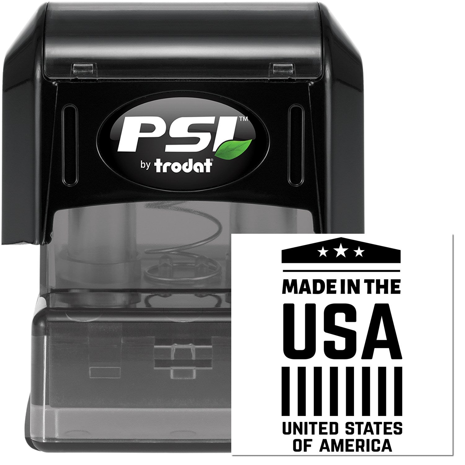 PSI Pre-Inked American Pride Emblem Stamp featuring a Made in the USA design with stars and stripes. Black casing with clear base for precise stamping. Perfect for patriotic branding.