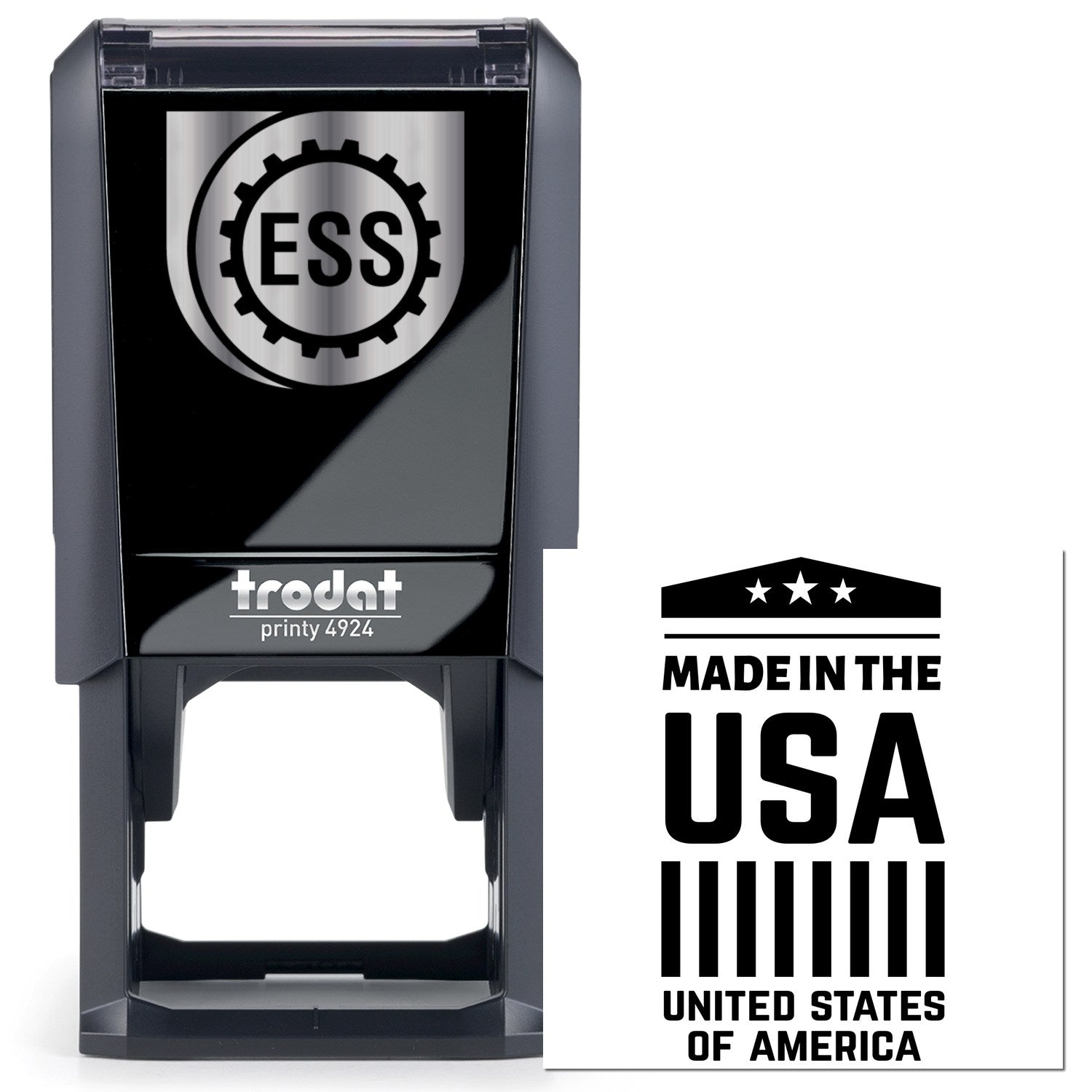 Self-Inking American Pride Emblem Stamp featuring a sleek black design with ESS logo, and Made in the USA imprint. Ideal for patriotic branding and office use.