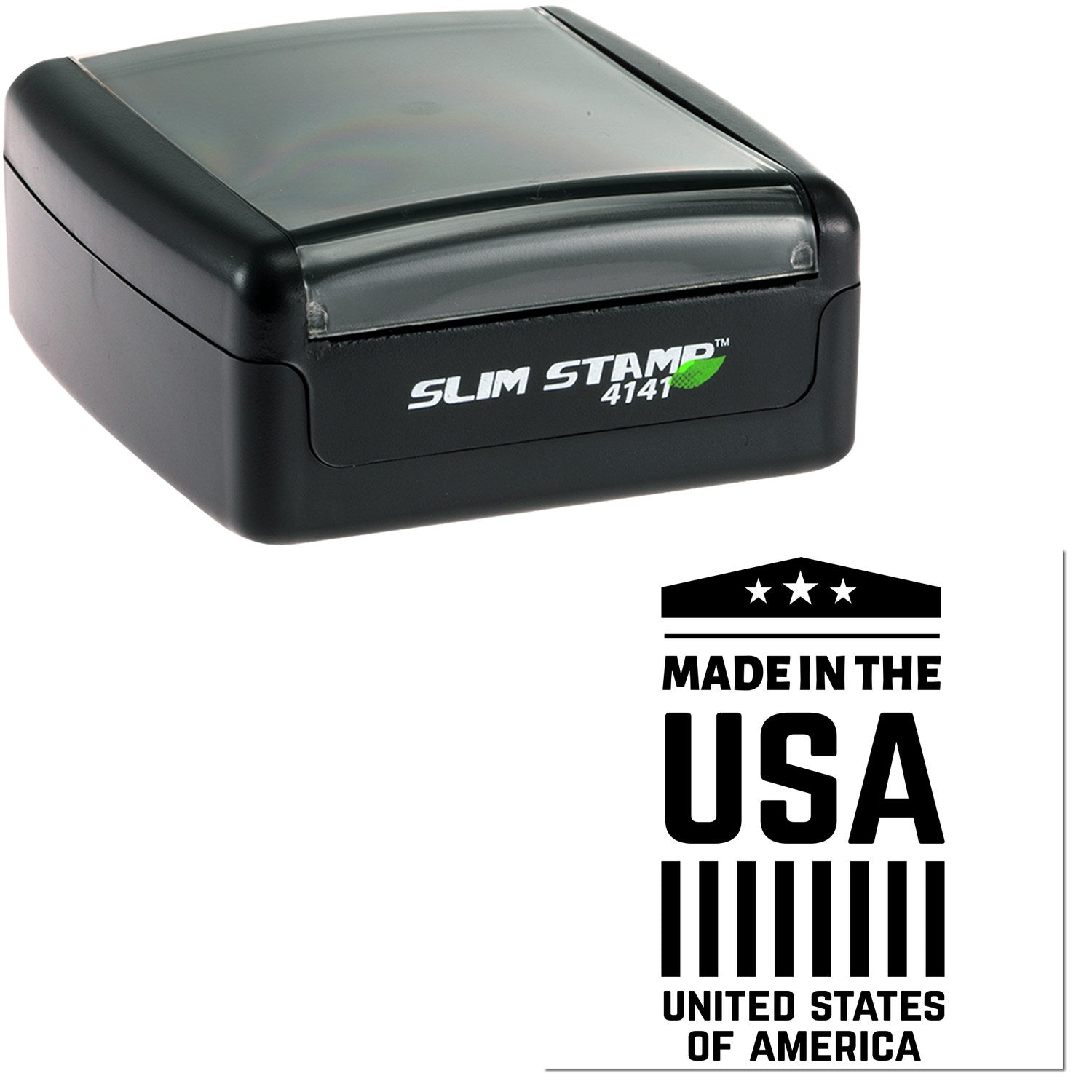 Slim Pre-Inked American Pride Emblem Stamp in black, featuring Made in the USA design with stars and stripes. Compact and efficient for clear, patriotic impressions.