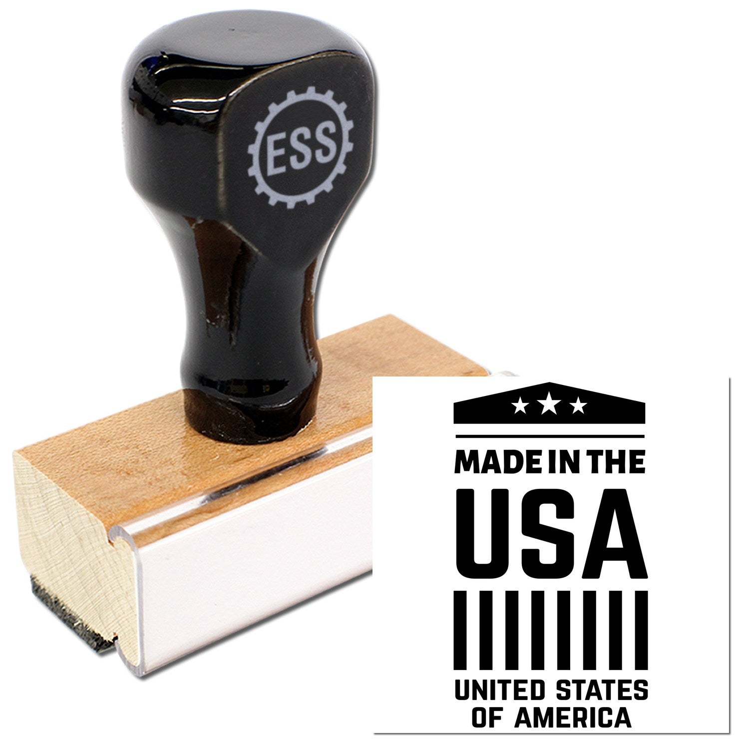 Wood Handle American Pride Emblem Rubber Stamp with black top and wooden base, featuring Made in the USA design. Perfect for crafting and branding.