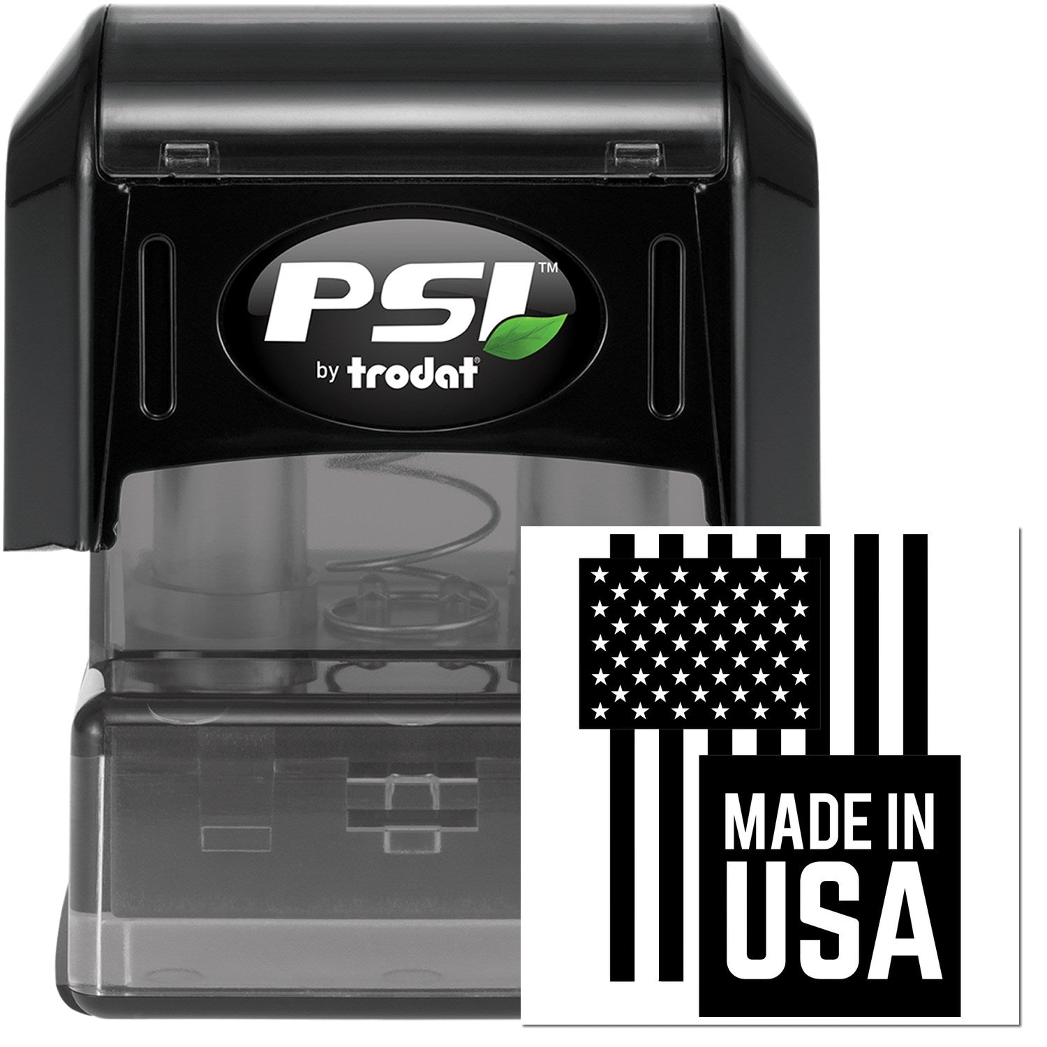 PSI Pre-Inked USA Patriotic Pride Stamp featuring a black casing with a Made in USA design and American flag motif. Ideal for adding a patriotic touch to documents.