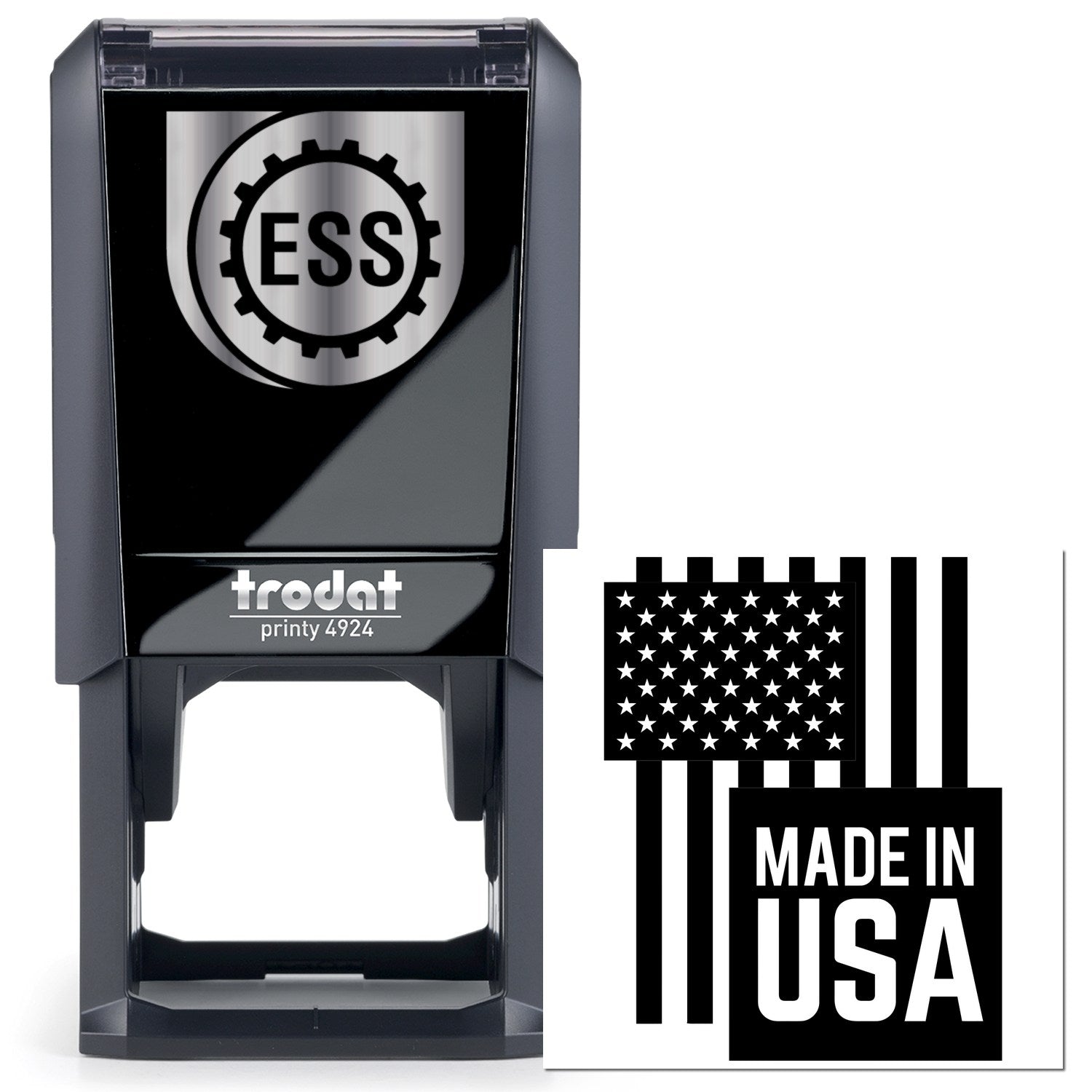 Self-Inking USA Patriotic Pride Stamp featuring a black casing with ESS logo and a Made in USA flag design. Perfect for adding a patriotic touch to your documents.