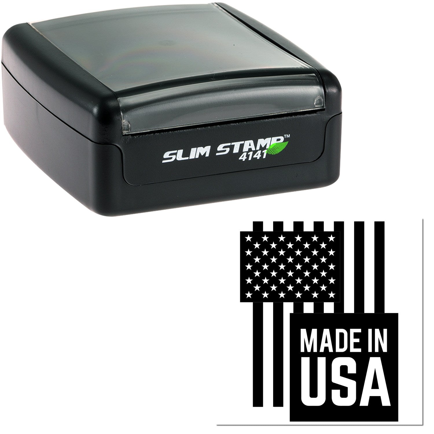 Slim Pre-Inked USA Patriotic Pride Stamp, black casing, compact design, features a Made in USA imprint with stars and stripes. Ideal for showing American pride in documents.