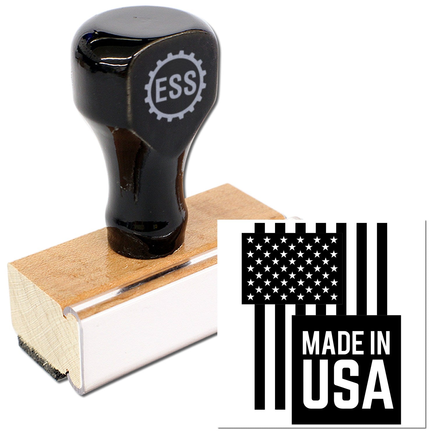 Wood Handle USA Patriotic Pride Rubber Stamp with black grip and wooden base, featuring a Made in USA design with stars and stripes. Perfect for crafting and patriotic projects.