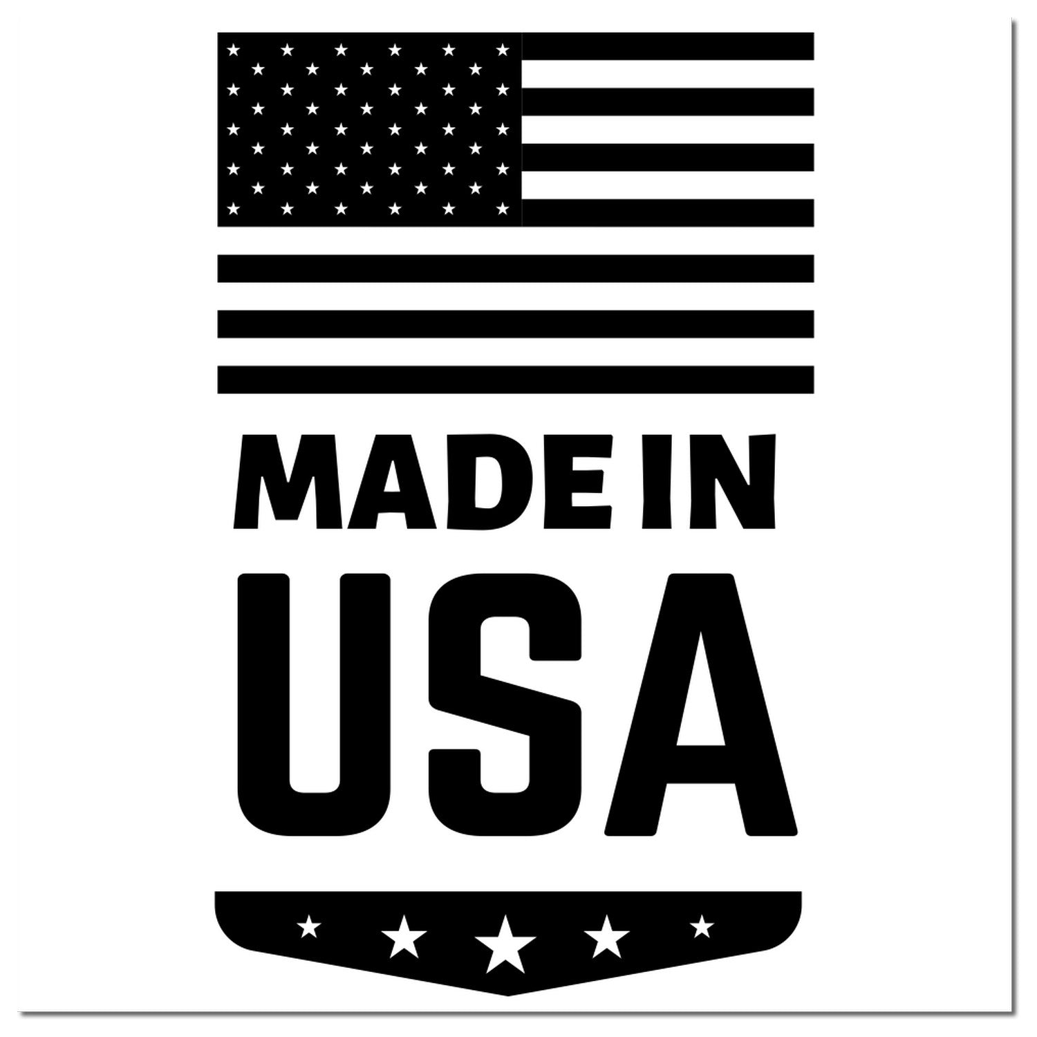 Wood Handle Made In USA Emblem Rubber Stamp featuring a black imprint of the American flag and 'Made in USA' text, ideal for crafting and branding projects.