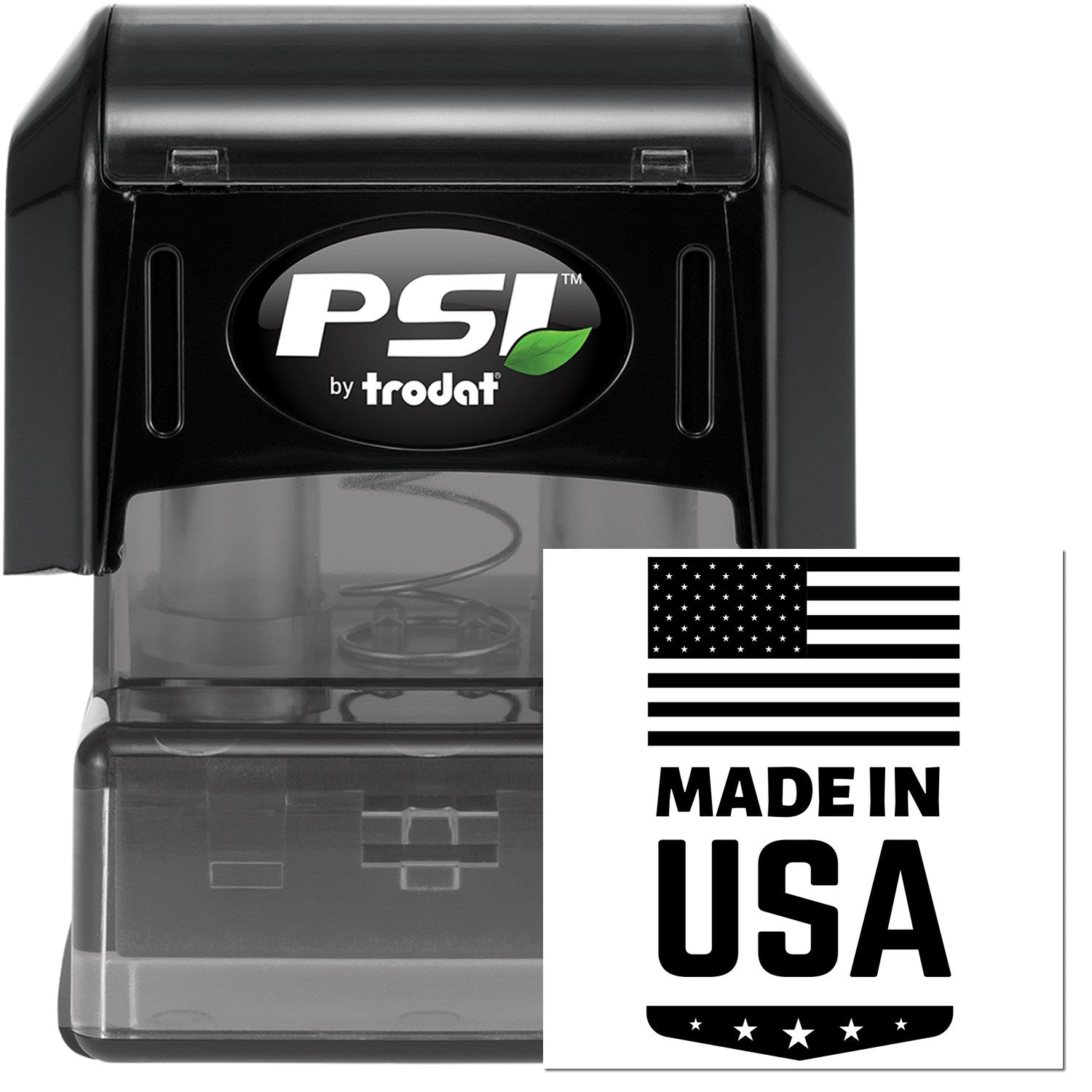 PSI Pre-Inked Made In USA Emblem Stamp with black casing and clear base, featuring an American flag and 'Made in USA' text design.