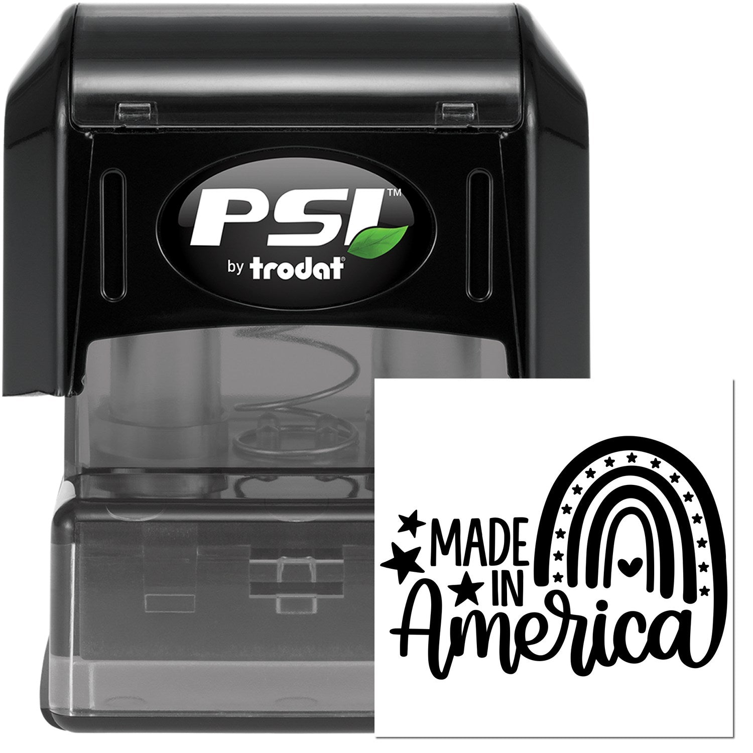 PSI Pre-Inked American Pride Rainbow Stamp with 'Made in America' design, featuring a rainbow and stars, in a black casing.