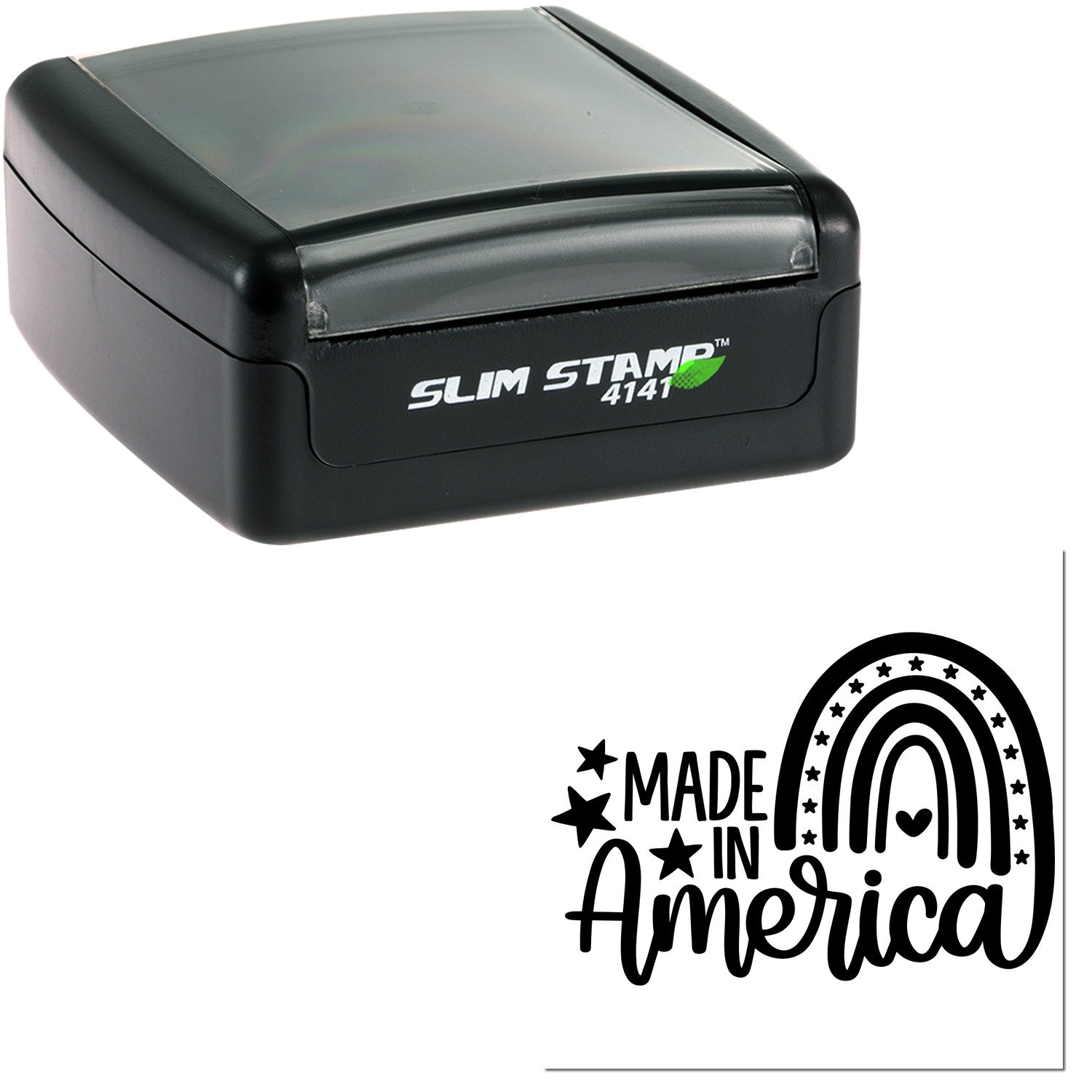 Slim Pre-Inked American Pride Rainbow Stamp featuring a compact black design with Made in America and rainbow imprint. Ideal for crafting and office use.