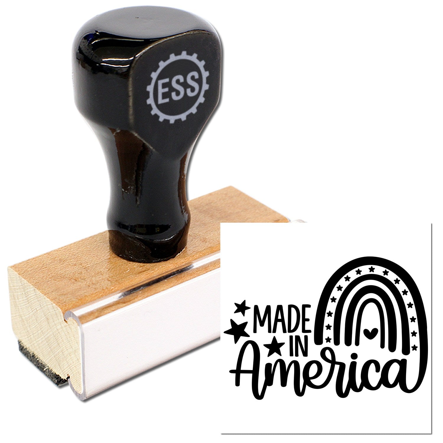 Wood Handle American Pride Rainbow Rubber Stamp with black grip and wooden base, featuring Made in America text and rainbow design. Perfect for crafting and personalization.