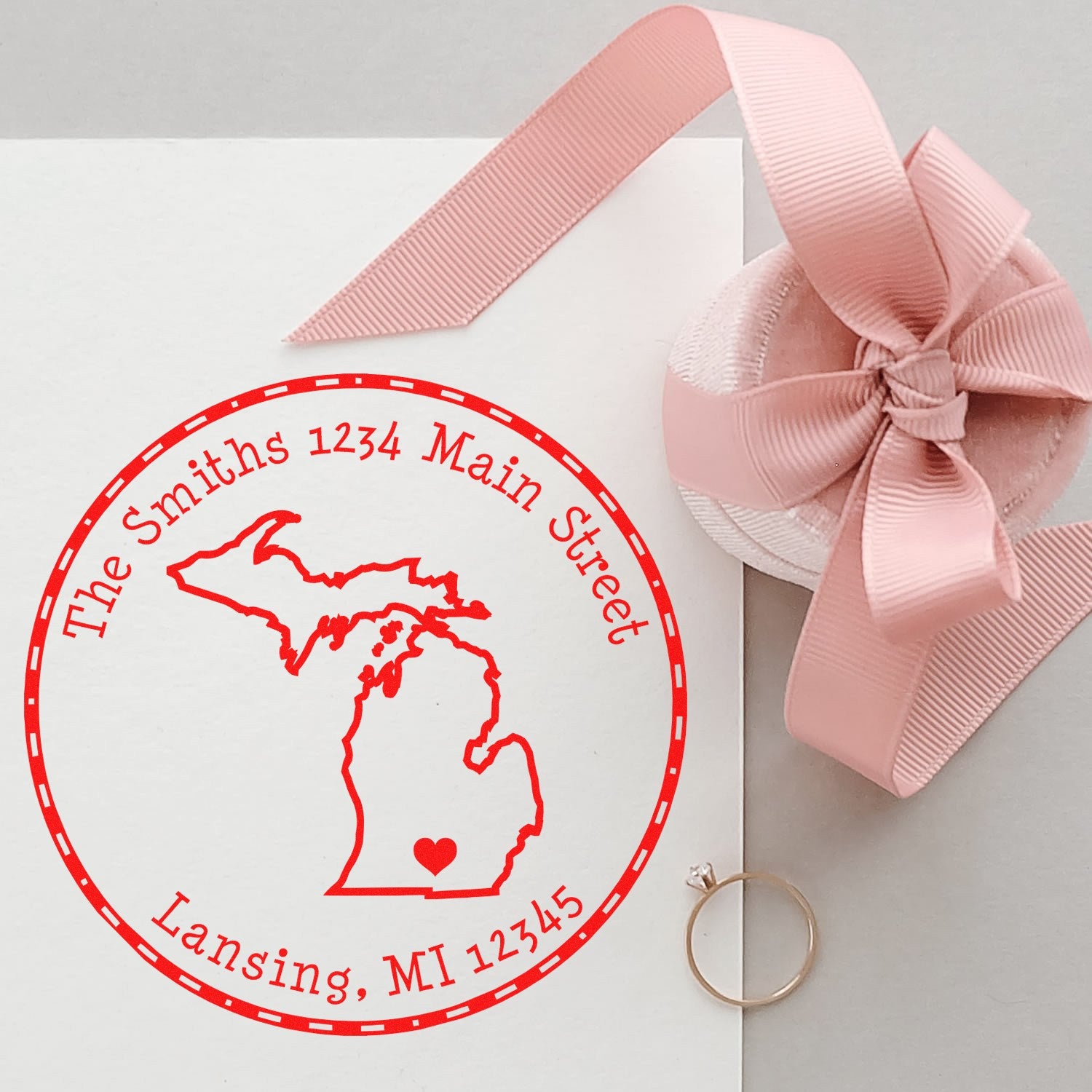 Wood Handle Round Michigan State Luv Address Stamp