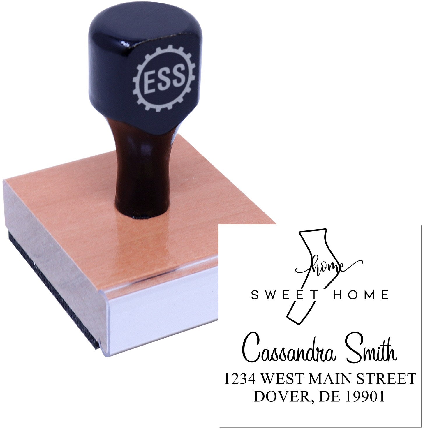 Wood Handle Home Sweet Home Delaware Personalized Name and Address Stamper