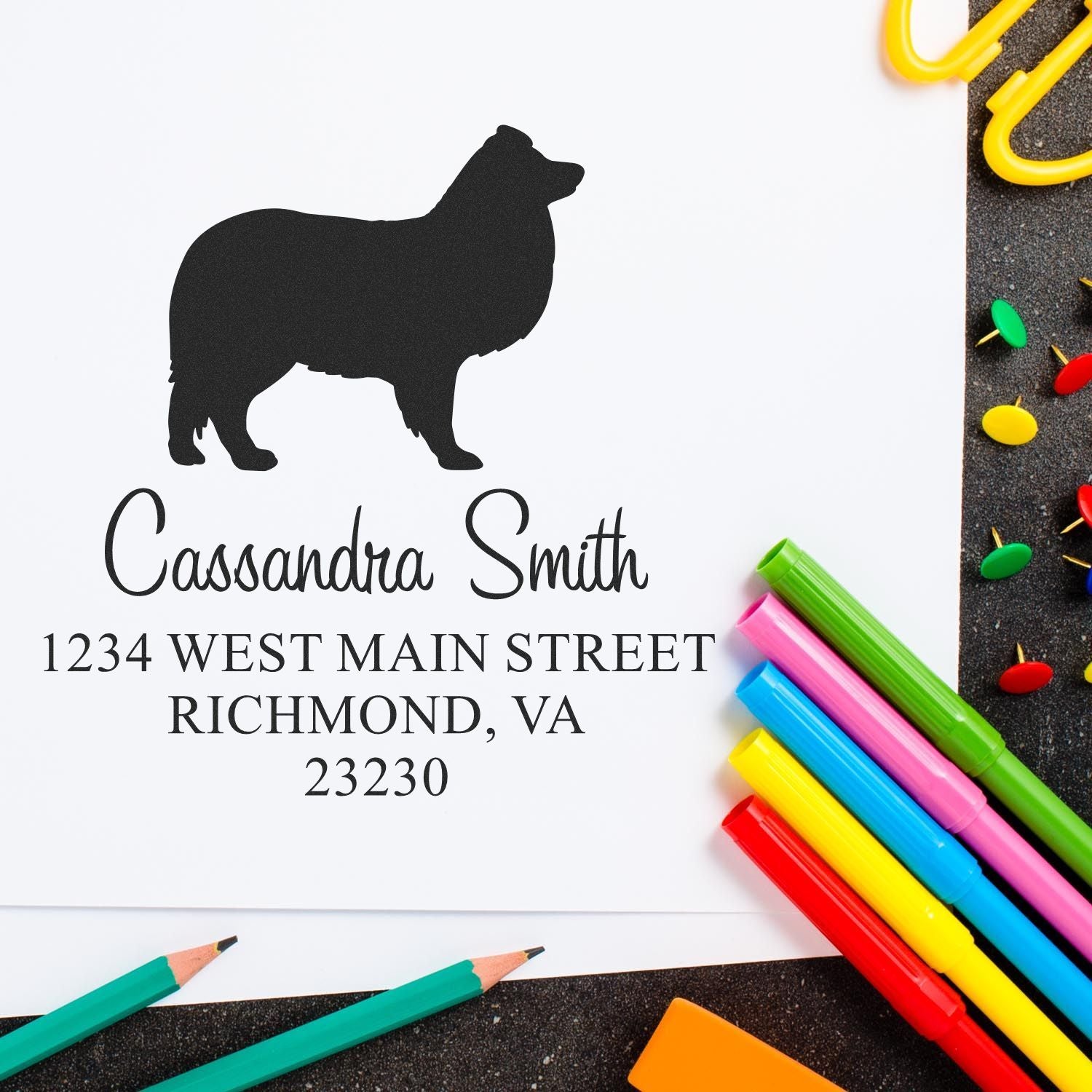 Wood Handle Shetland Sheepdog Custom Address Label Stamp