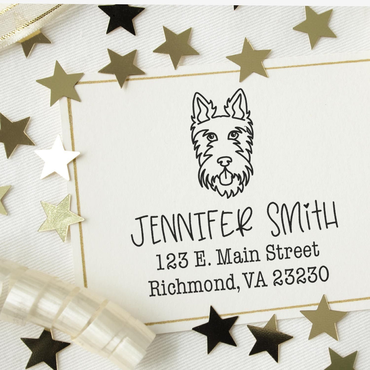 Custom stamp and seal set with dog illustration, black text, gold border, and black, gold, and white stars.