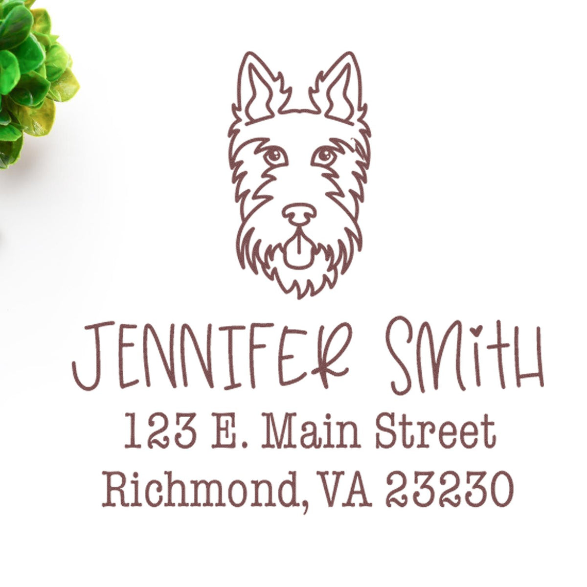 Brown custom stamp and seal with dog illustration, Jennifer Smith name, and Richmond, VA address on white background.
