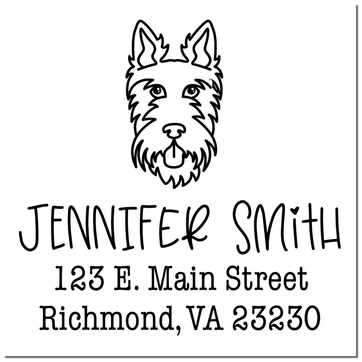 Black custom return address stamp with terrier dog illustration, Jennifer Smith, 123 E. Main Street, Richmond, VA 23230