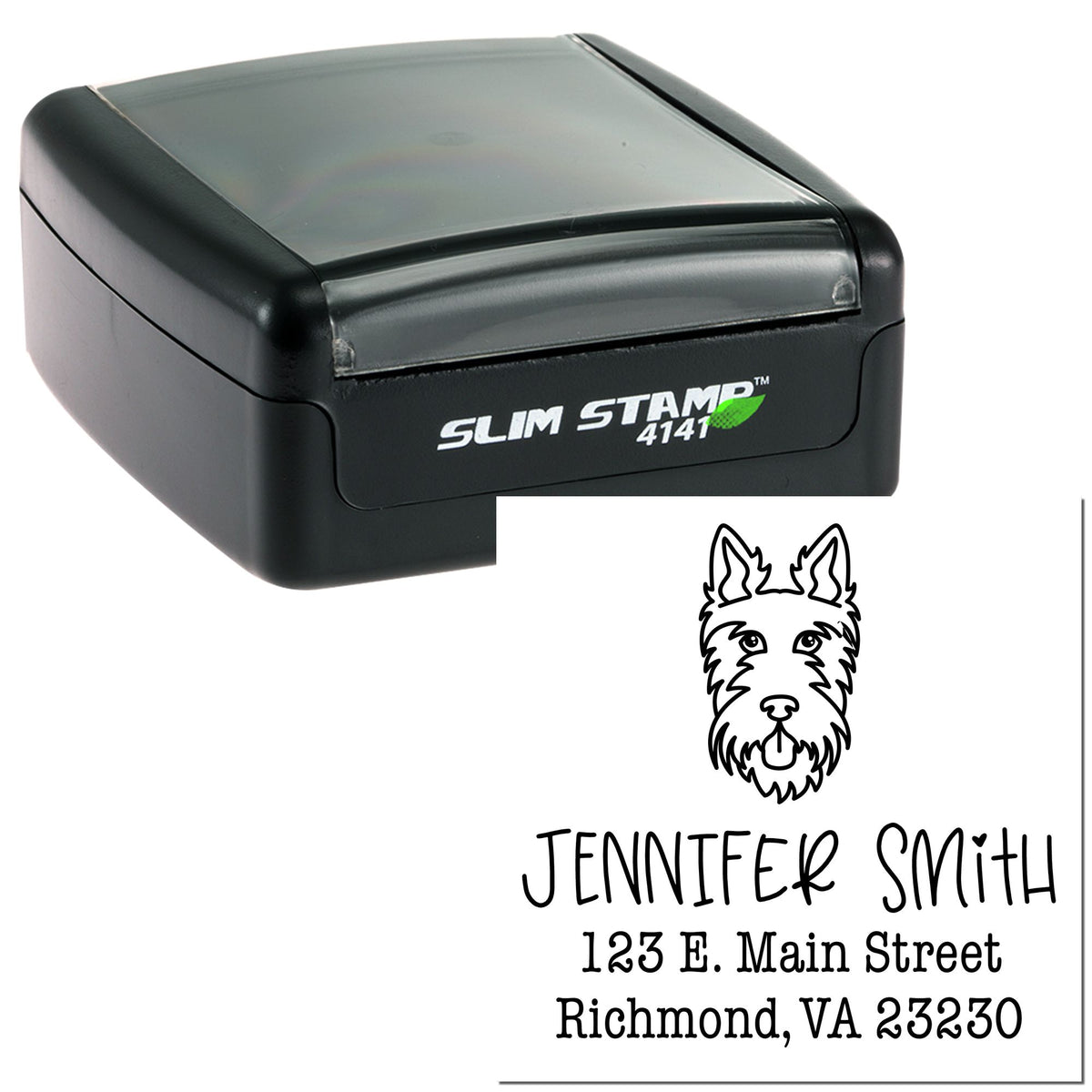 Black self-inking Slim Stamp and seal in black, with dog logo, Jennifer Smith name, and Richmond, VA return address.