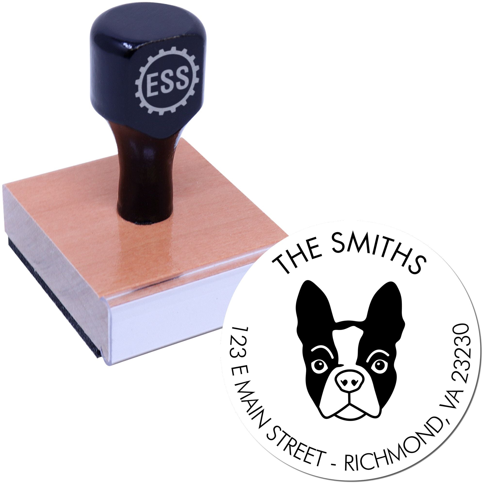 Wood Handle Boston Terrier Custom Made Address Label Rubber Stamp