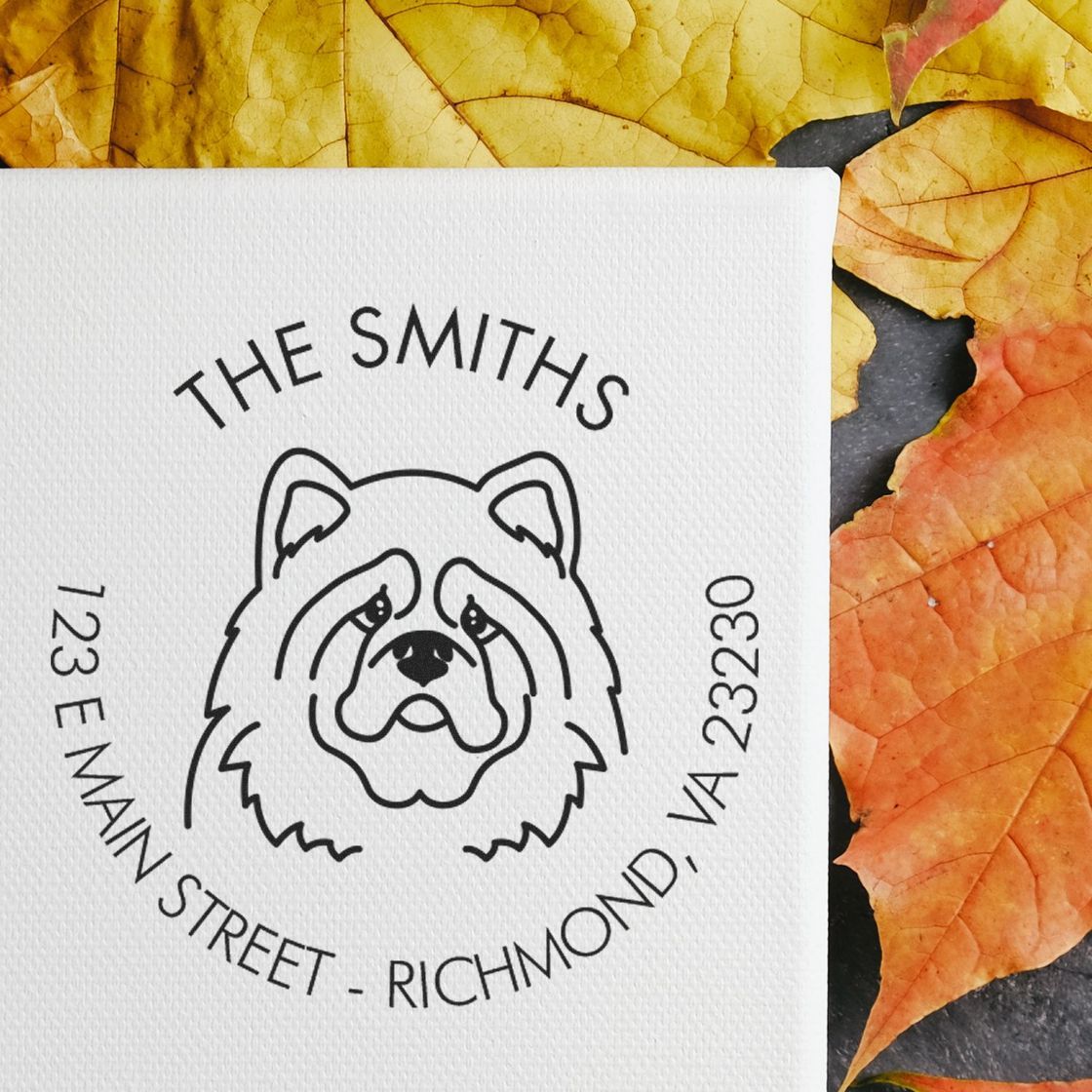 Custom stamp seal on white textured paper with black bulldog logo, The Smiths text, and autumn orange-yellow leaves.
