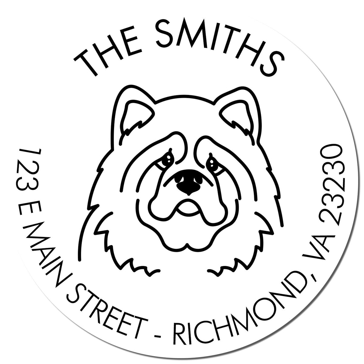 Round white address stamp seal with black bulldog outline and text: THE SMITHS, 123 Main Street, Richmond, VA 23230