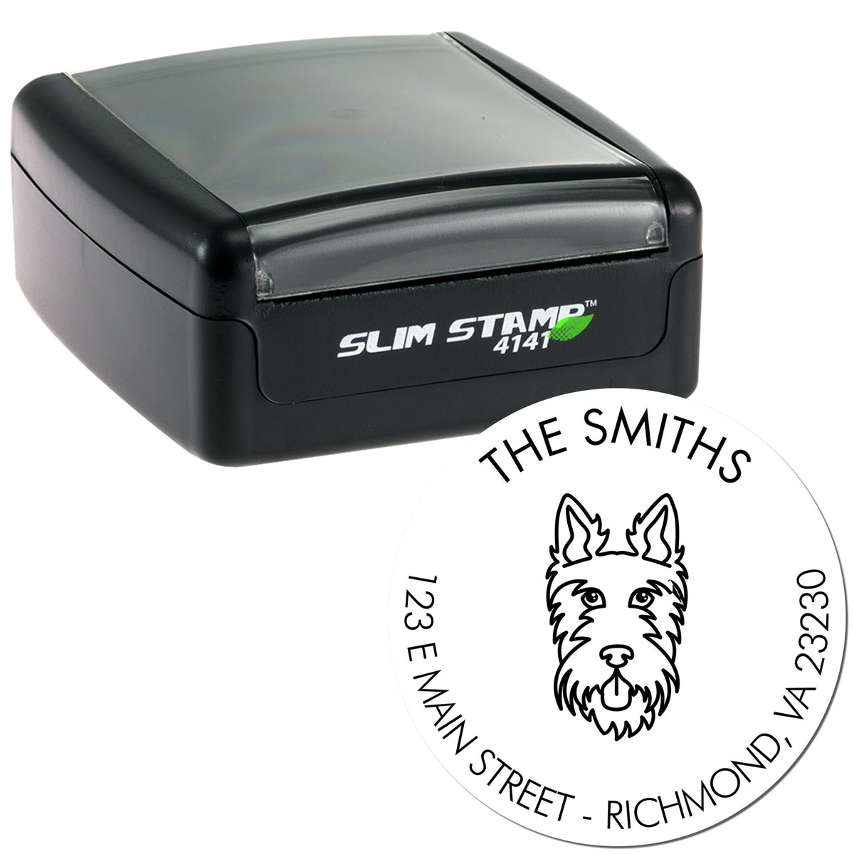 Black slim self-inking stamp and round seal with dog logo, white imprint text for The Smiths and address details.