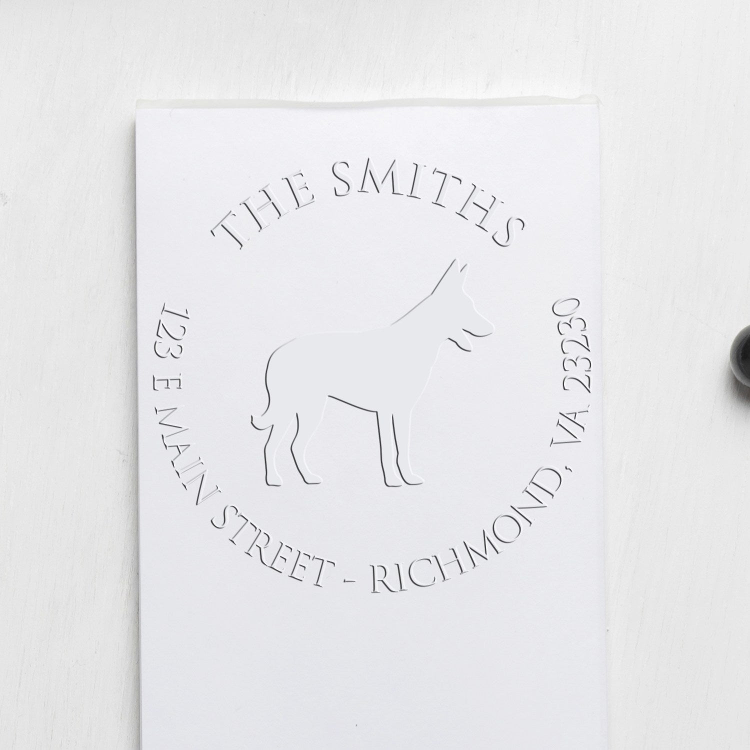 Personalizable Name and Address Embossing Seal with Belgian Malinois Dog