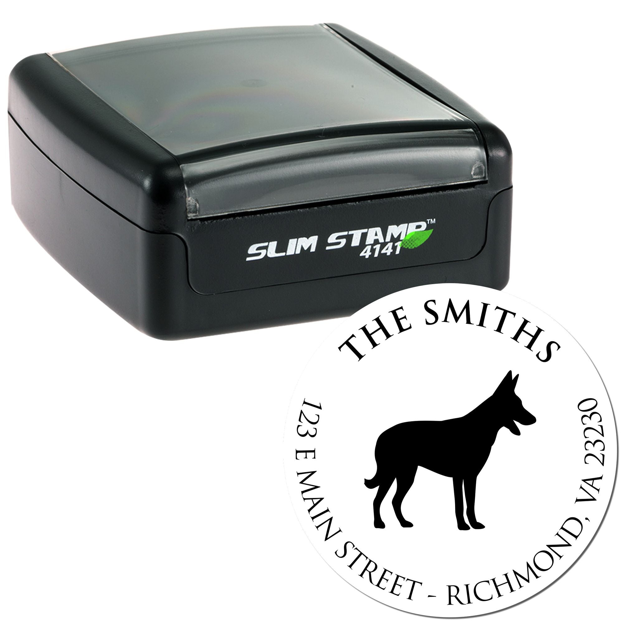 Slim Pre-Inked Belgian Malinois Personalized Name and Address Rubber Stamp