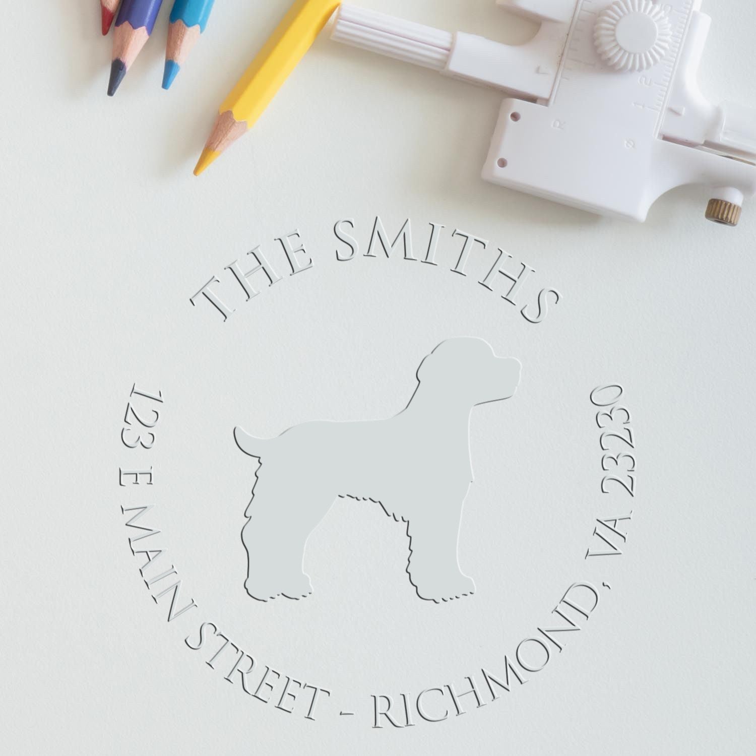 Brittany Spaniel Dog Silhouette Customized Name and Address Embossed Stamp