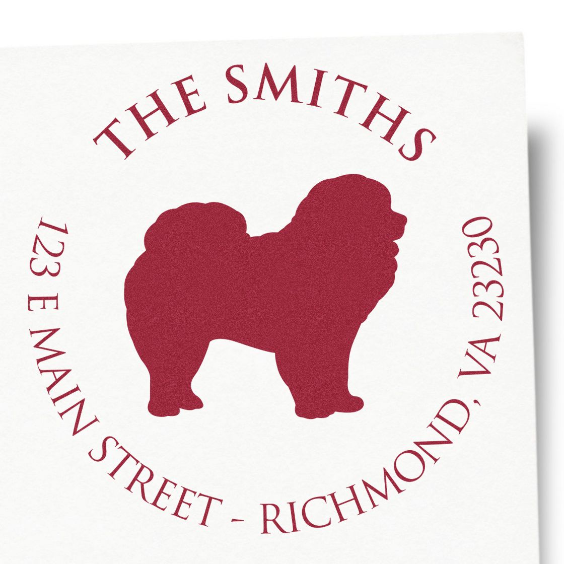 Burgundy custom stamp seal with bulldog silhouette, THE SMITHS, and 123 E Main Street, Richmond, VA 23230 on white.