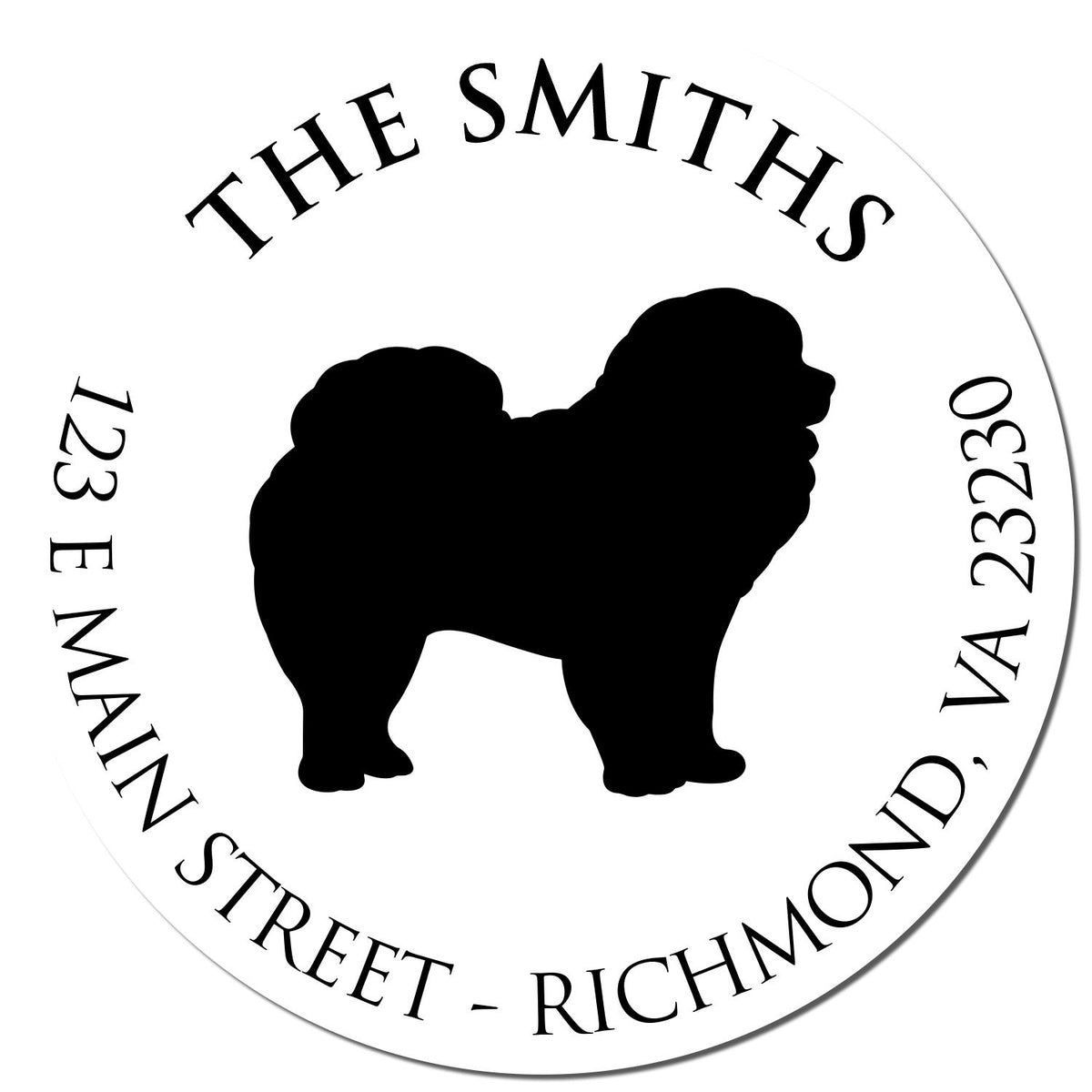 Custom round seal stamp with black bulldog silhouette and curved text: THE SMITHS, 123 E Main Street, Richmond, VA 23230.