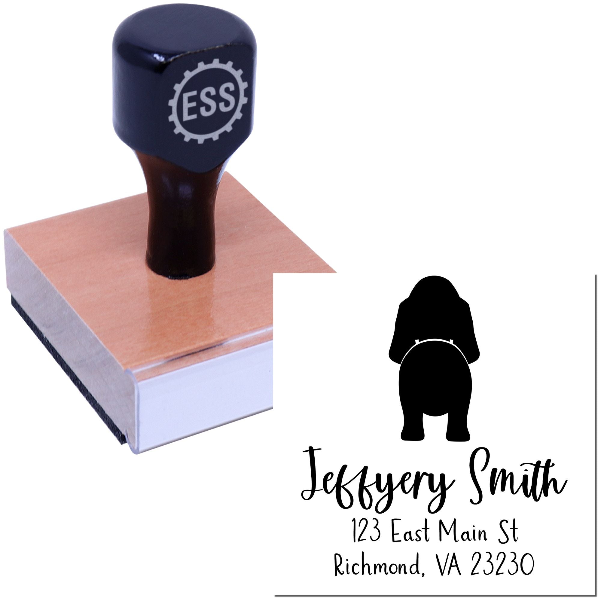 Wood Handle Basset Hound Custom Made Name and Address Stamp