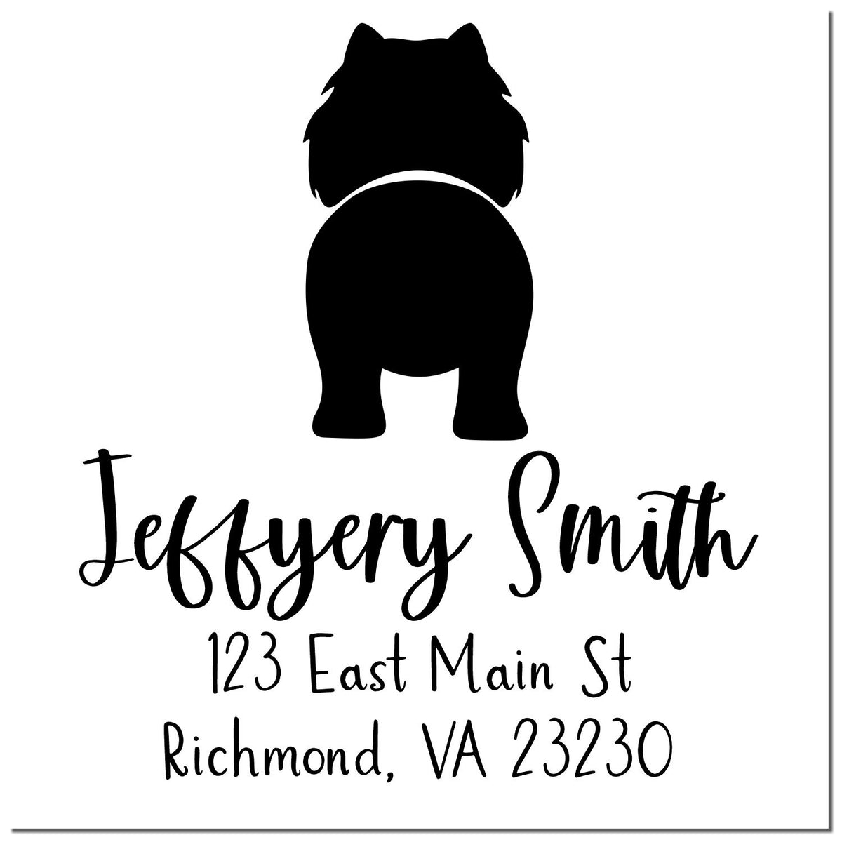 Black custom address stamp with dog silhouette, Jeffery Smith, 123 East Main St, Richmond, VA 23230.