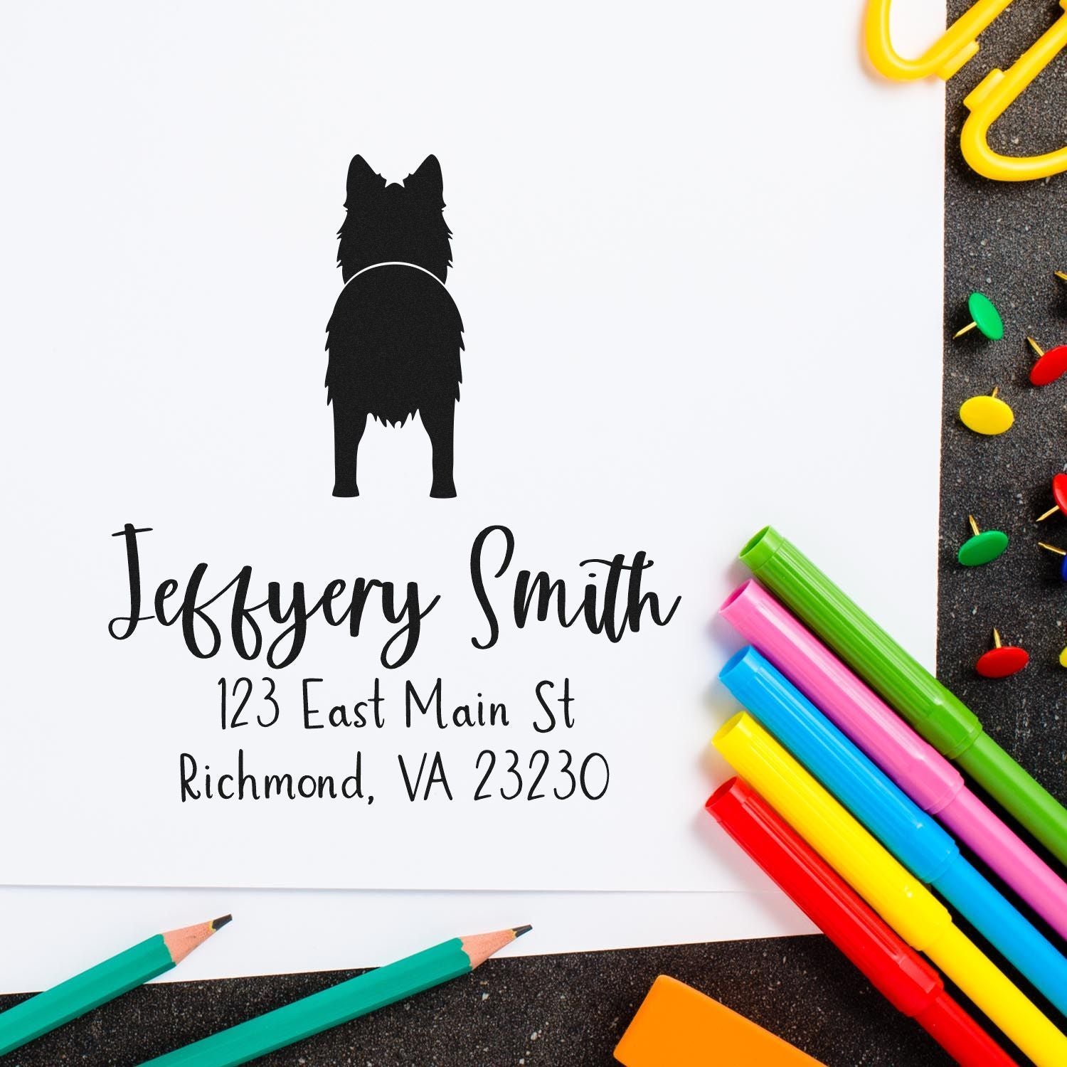 Wood Handle Long Haired German Shepherd Custom Mail Label Rubber Stamp