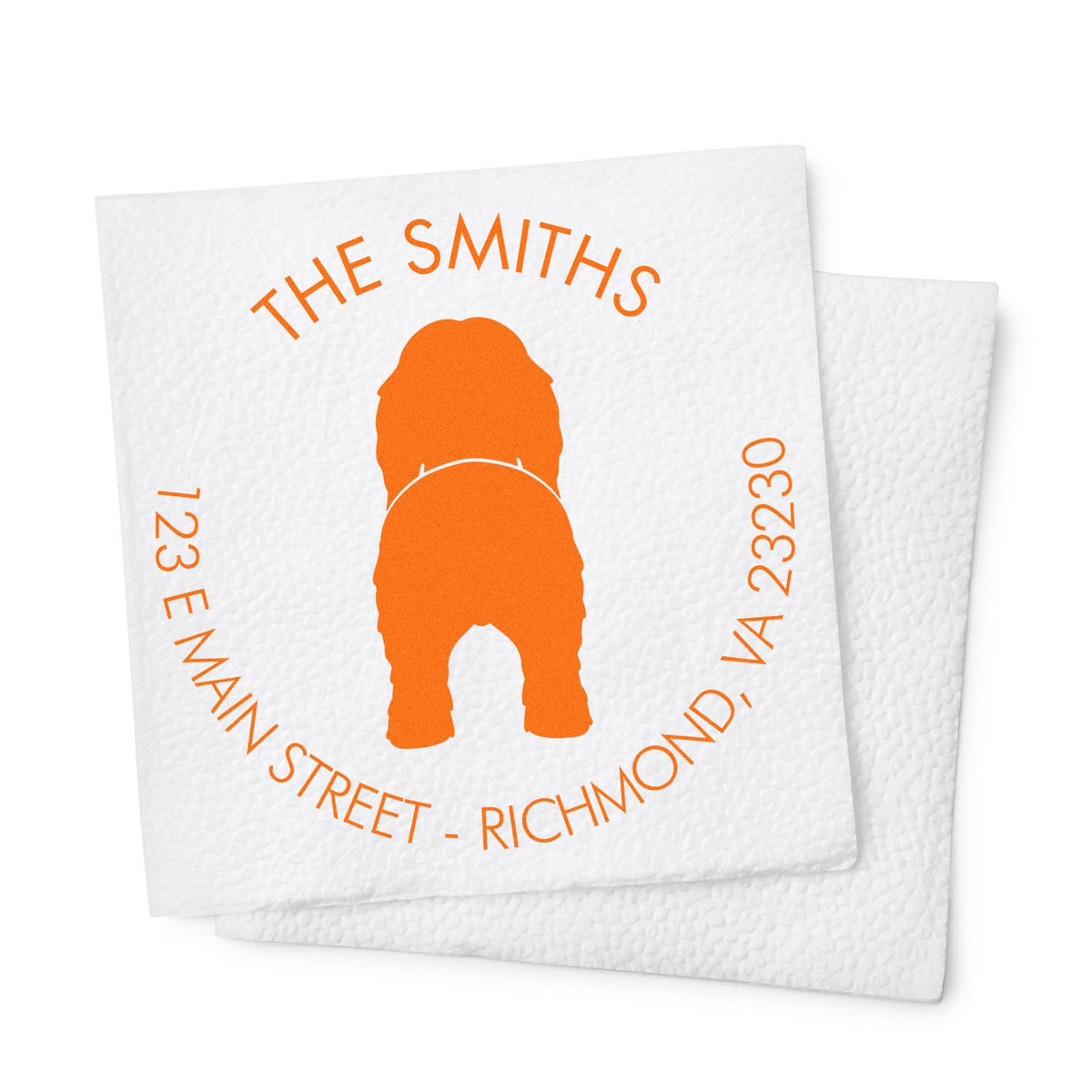 Orange custom stamp and seal with dog silhouette on white textured cards, reading THE SMITHS and Richmond, VA.